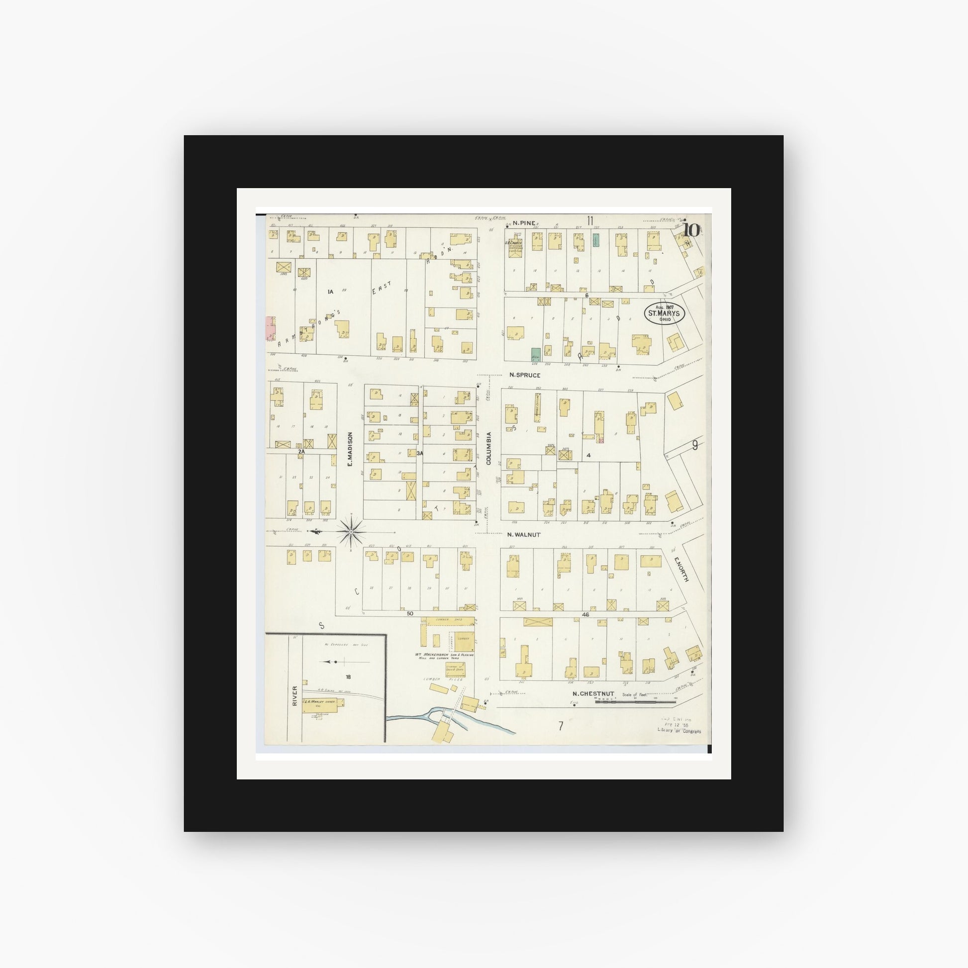 Old map wall art mockup — black gallery frame with white mat — Sanborn Fire Insurance Map from Saint Marys, Auglaize County, Ohio (1907), Sheet #0010