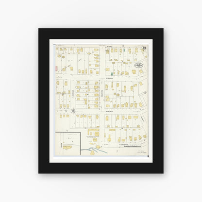 Old map wall art mockup — black gallery frame with white mat — Sanborn Fire Insurance Map from Saint Marys, Auglaize County, Ohio (1907), Sheet #0010