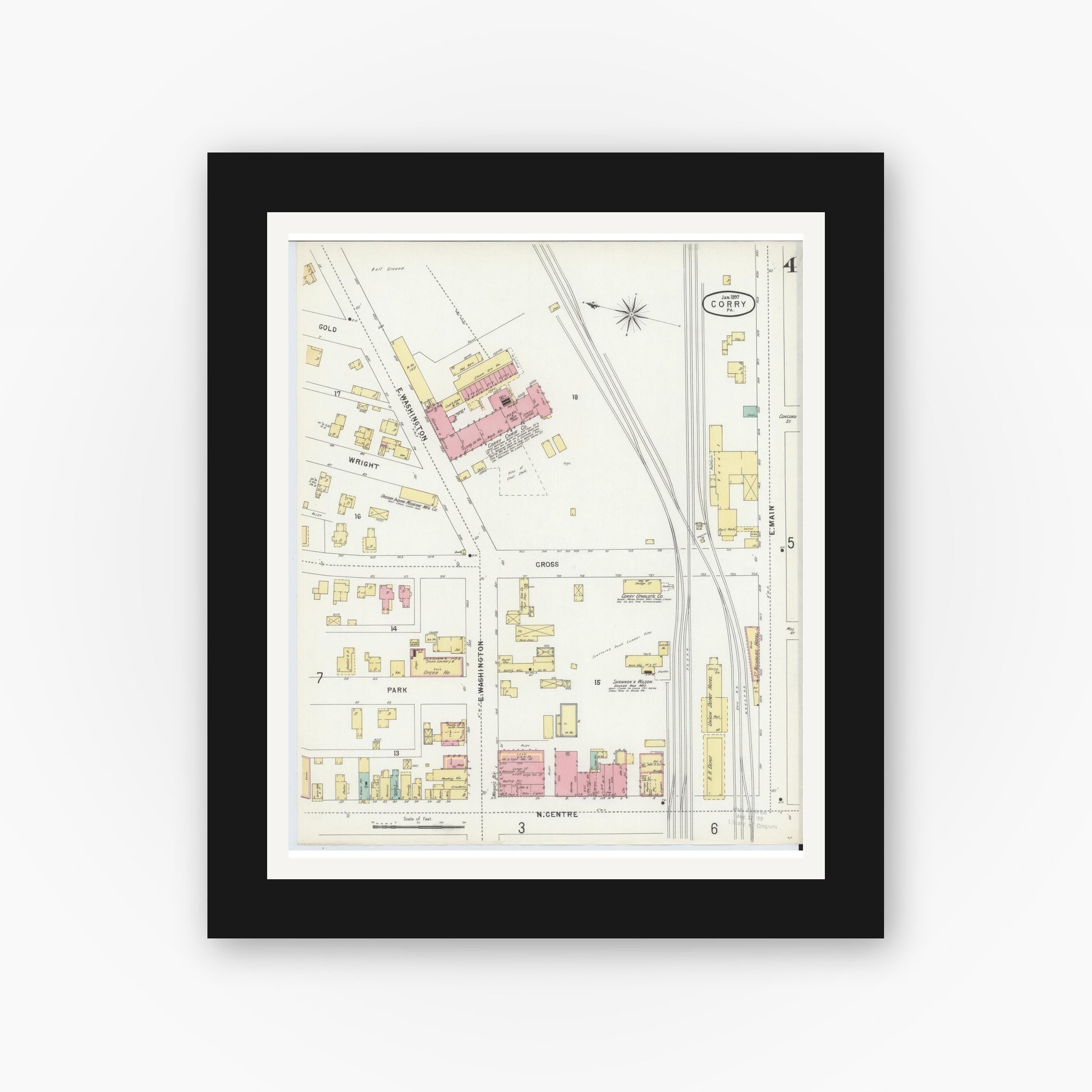 Old map wall art mockup — black gallery frame with white mat — Sanborn Fire Insurance Map from Corry, Erie County, Pennsylvania (1897), Sheet #0004