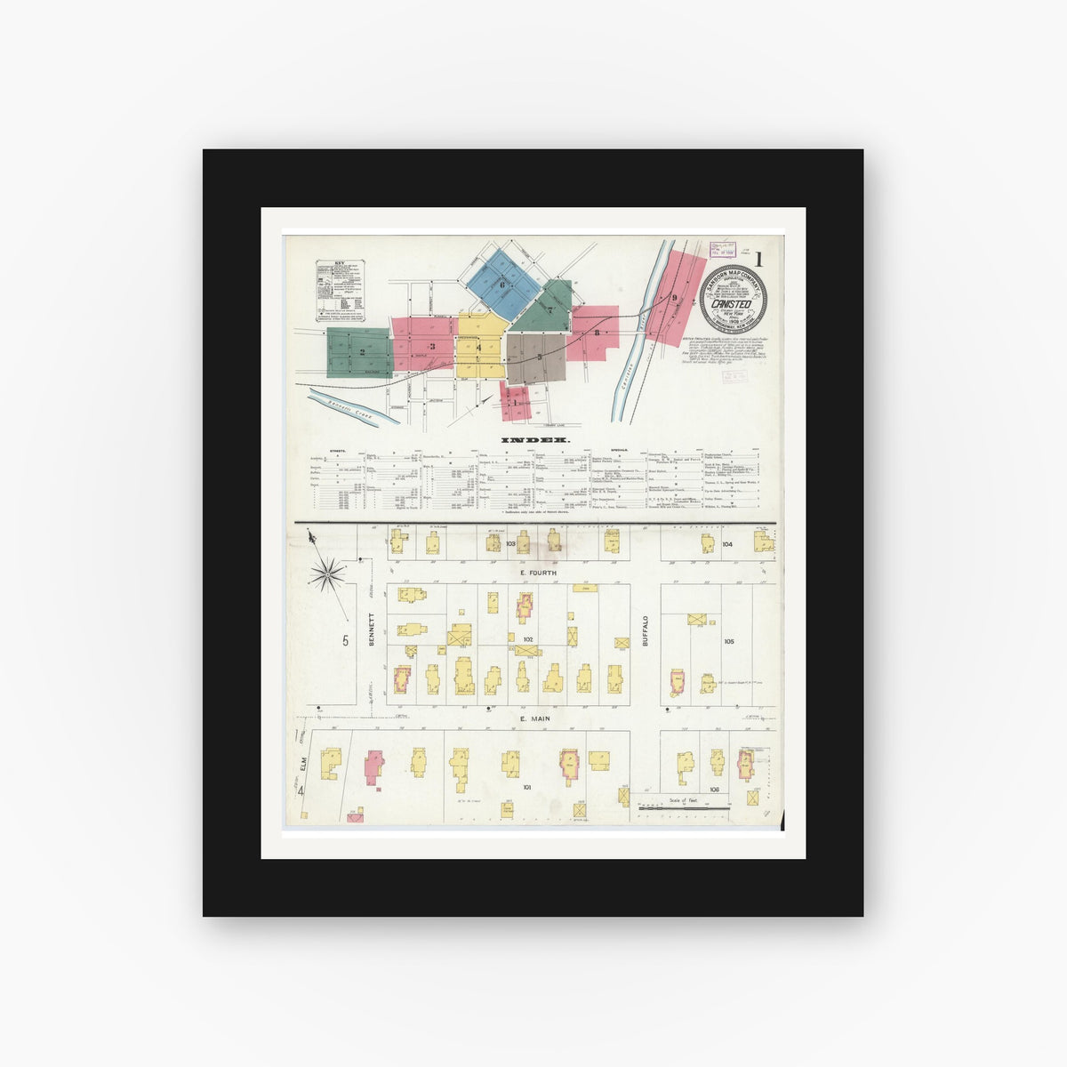 Old map wall art mockup — black gallery frame with white mat — Sanborn Fire Insurance Map from Canisteo, Steuben County, New York (1909) - Complete Map Set