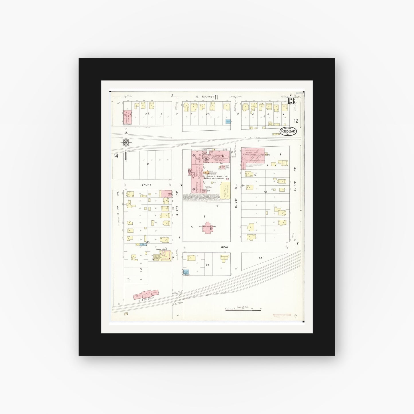 Old map wall art mockup — black gallery frame with white mat — Sanborn Fire Insurance Map from Red Oak, Montgomery County, Iowa (1914), Sheet #0013