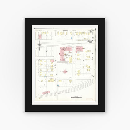 Old map wall art mockup — black gallery frame with white mat — Sanborn Fire Insurance Map from Red Oak, Montgomery County, Iowa (1914), Sheet #0013