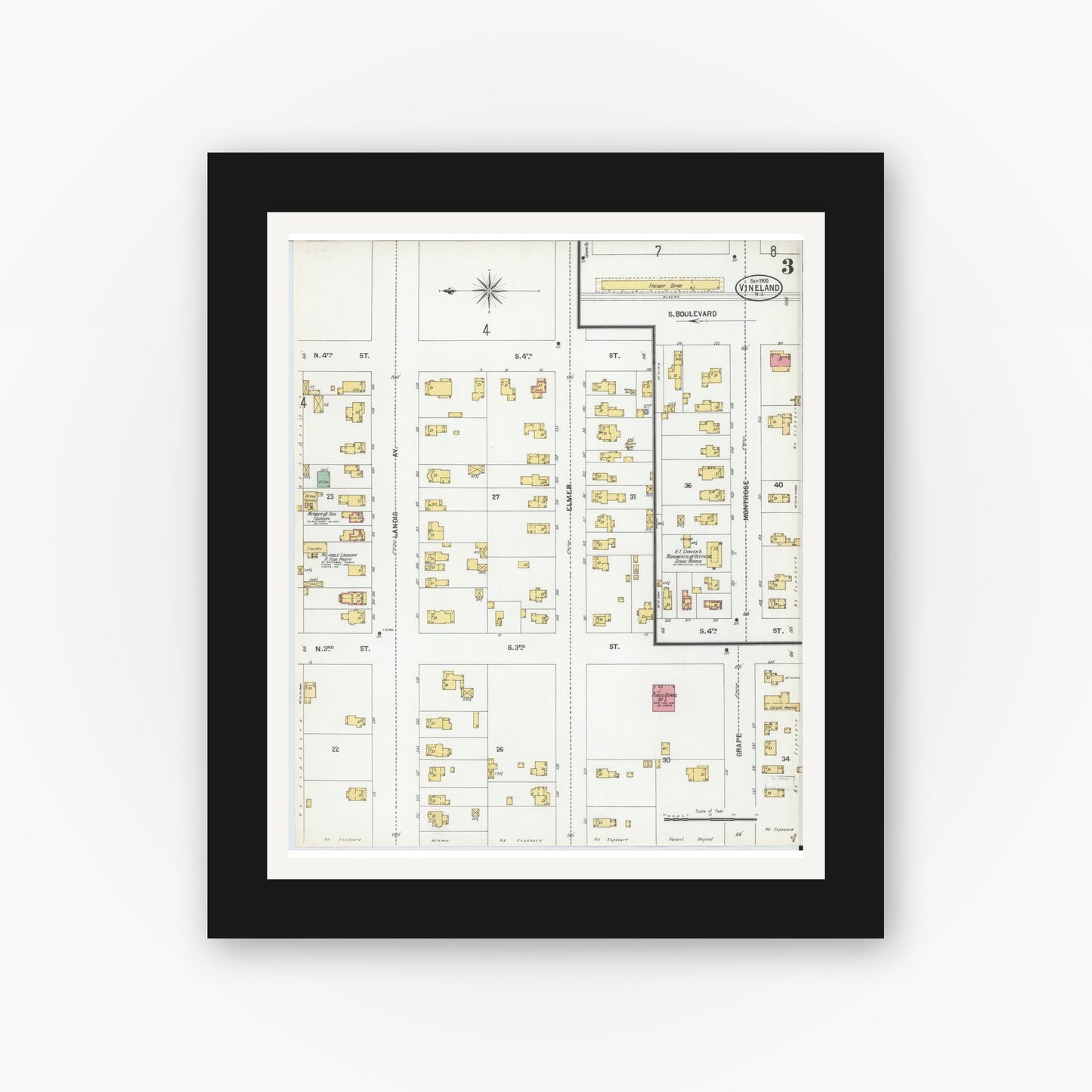 Old map wall art mockup — black gallery frame with white mat — Sanborn Fire Insurance Map from Vineland, Cumberland County, New Jersey (1900), Sheet #0003