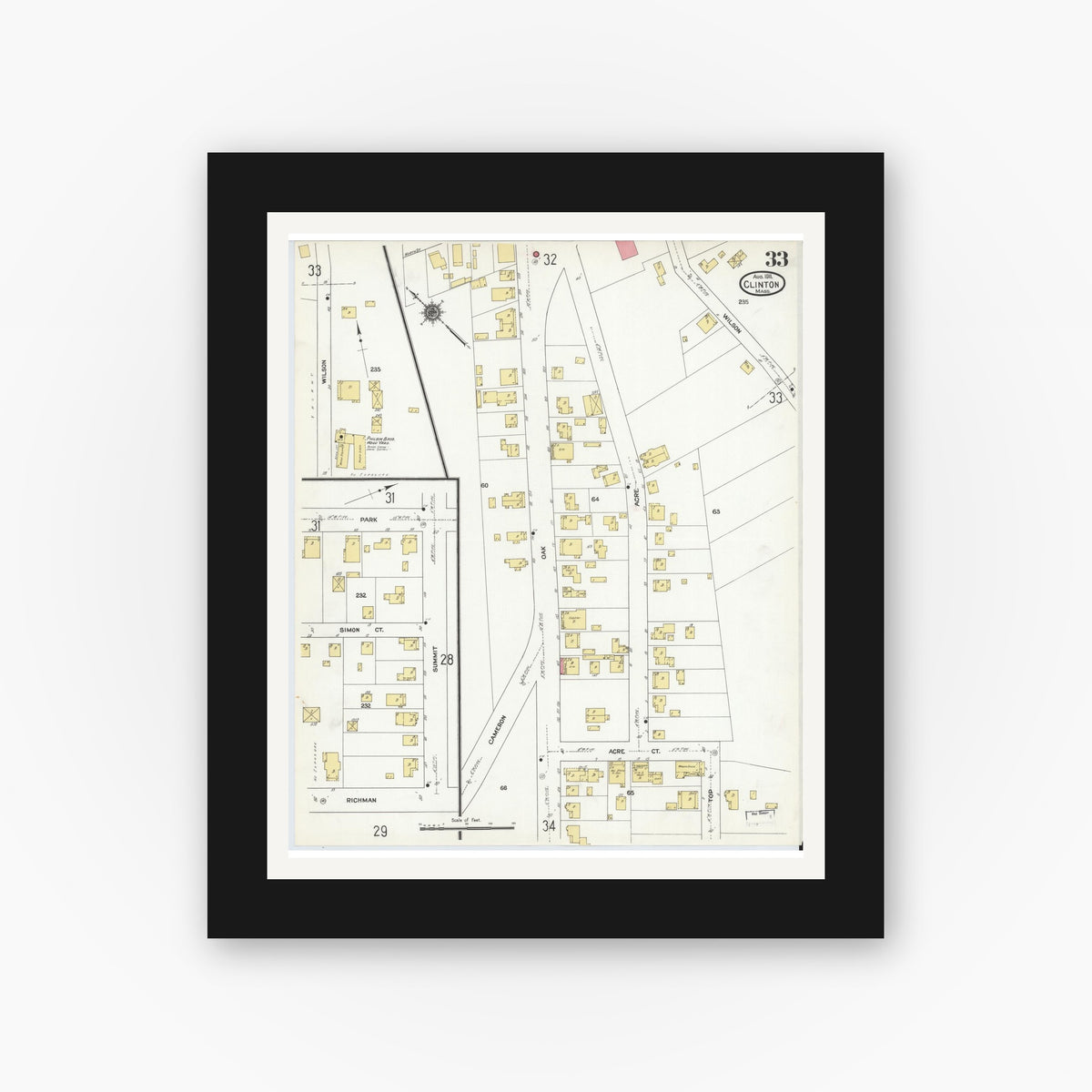 Old map wall art mockup — black gallery frame with white mat — Sanborn Fire Insurance Map from Clinton, Worcester County, Massachusetts (1911), Sheet #0033