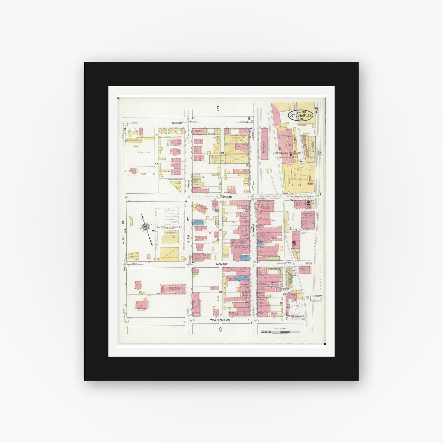 Old map wall art mockup — black gallery frame with white mat — Sanborn Fire Insurance Map from Saint Charles, Saint Charles County, Missouri (1917), Sheet #0007