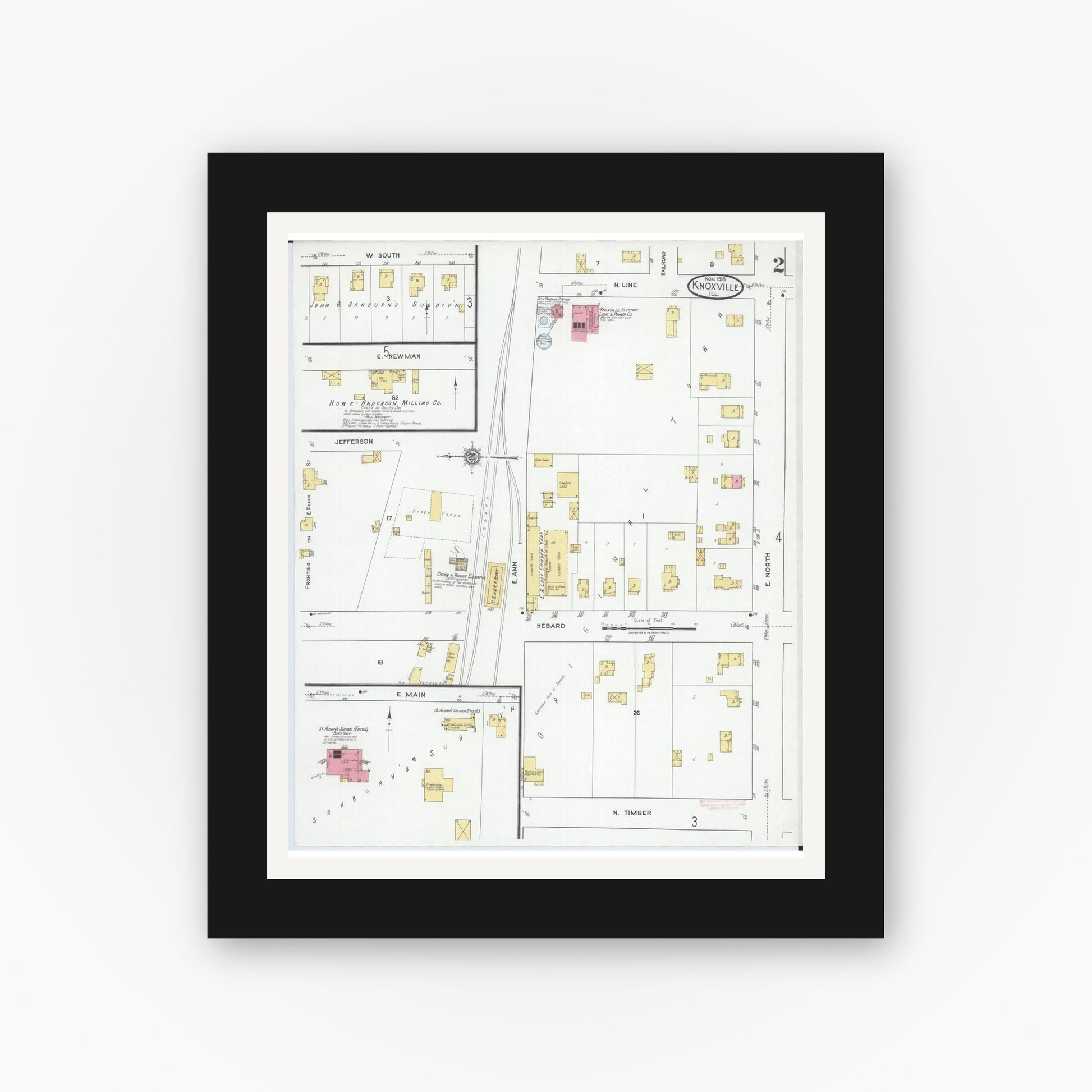 Old map wall art mockup — black gallery frame with white mat — Sanborn Fire Insurance Map from Knoxville, Knox County, Illinois (1918), Sheet #0002