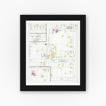 Old map wall art mockup — black gallery frame with white mat — Sanborn Fire Insurance Map from Knoxville, Knox County, Illinois (1918), Sheet #0002