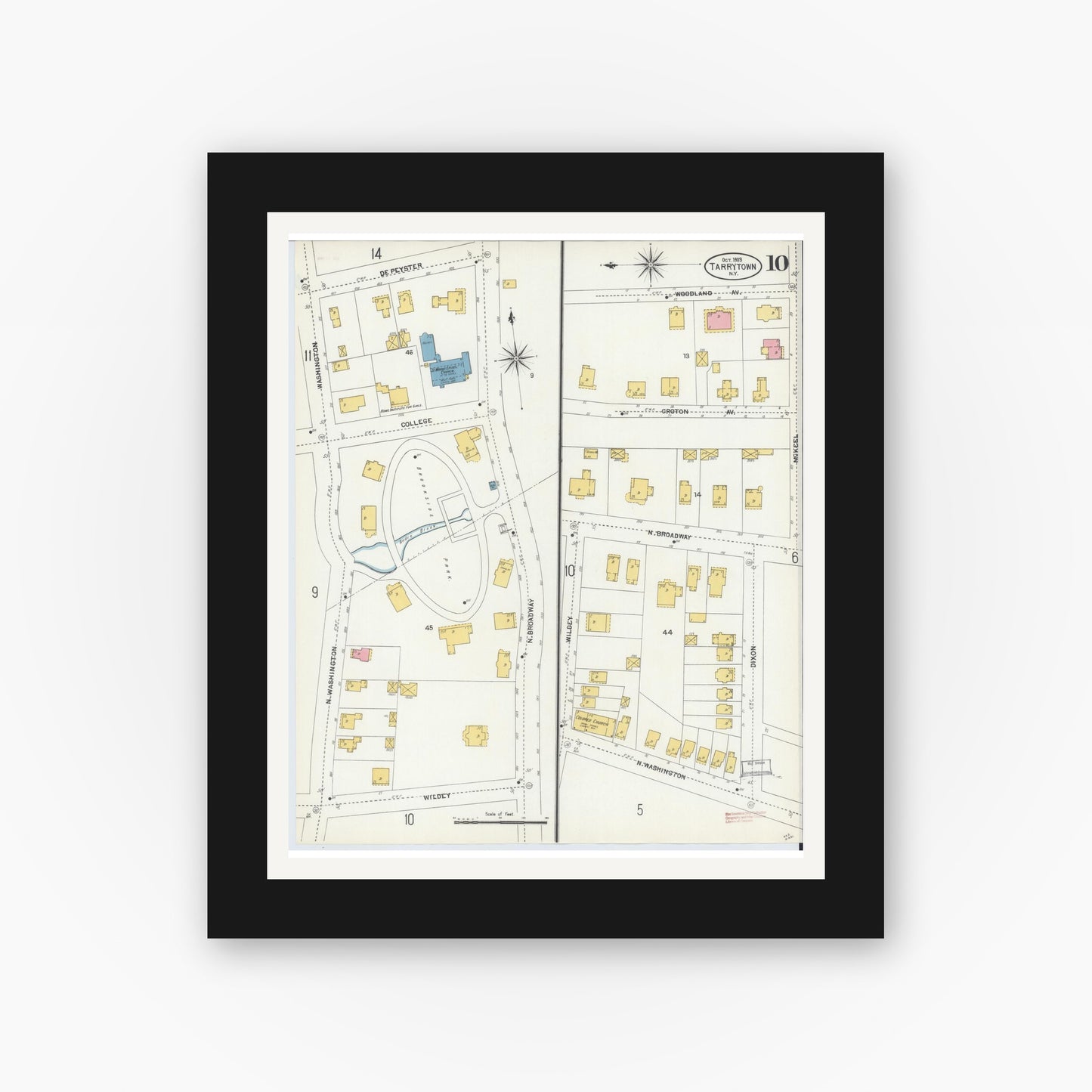 Old map wall art mockup — black gallery frame with white mat — Sanborn Fire Insurance Map from Tarrytown, Westchester County, New York (1903), Sheet #0010