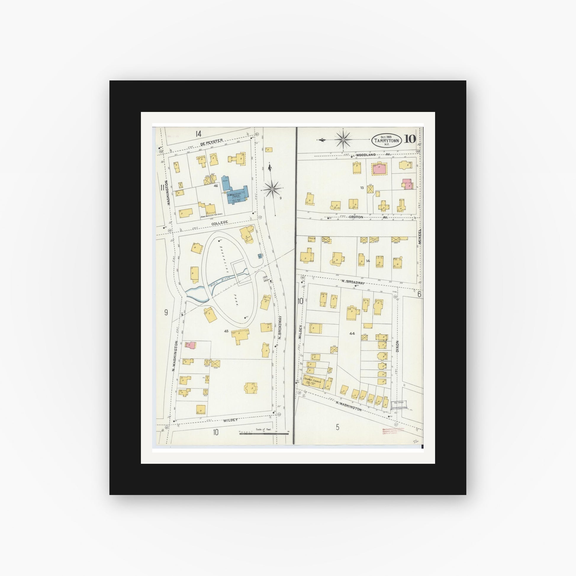 Old map wall art mockup — black gallery frame with white mat — Sanborn Fire Insurance Map from Tarrytown, Westchester County, New York (1903), Sheet #0010