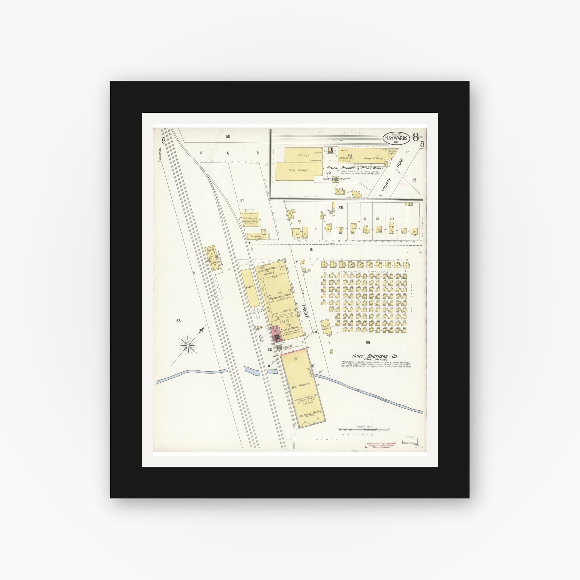 Old map wall art mockup — black gallery frame with white mat — Sanborn Fire Insurance Map from Hayward, Alameda County, California (1903), Sheet #0008