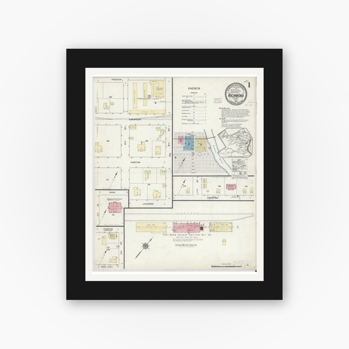 Old map wall art mockup — black gallery frame with white mat — Sanborn Fire Insurance Map from Richmond, Fort Bend County, Texas (1914), Sheet #0001