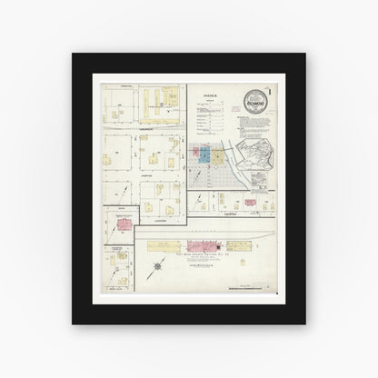 Old map wall art mockup — black gallery frame with white mat — Sanborn Fire Insurance Map from Richmond, Fort Bend County, Texas (1914), Sheet #0001