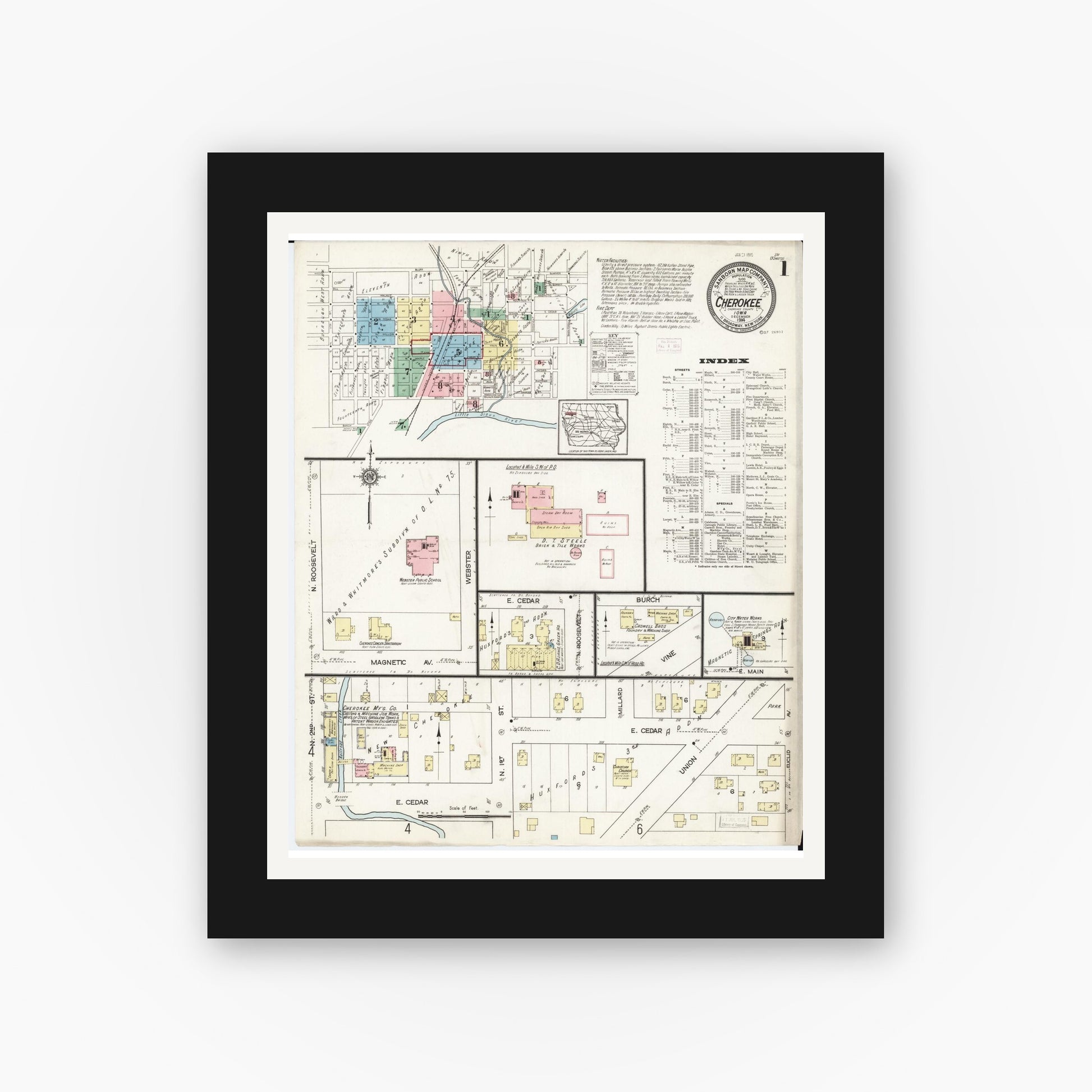 Old map wall art mockup — black gallery frame with white mat — Sanborn Fire Insurance Map from Cherokee, Cherokee County, Iowa (1914) â€” Complete Set