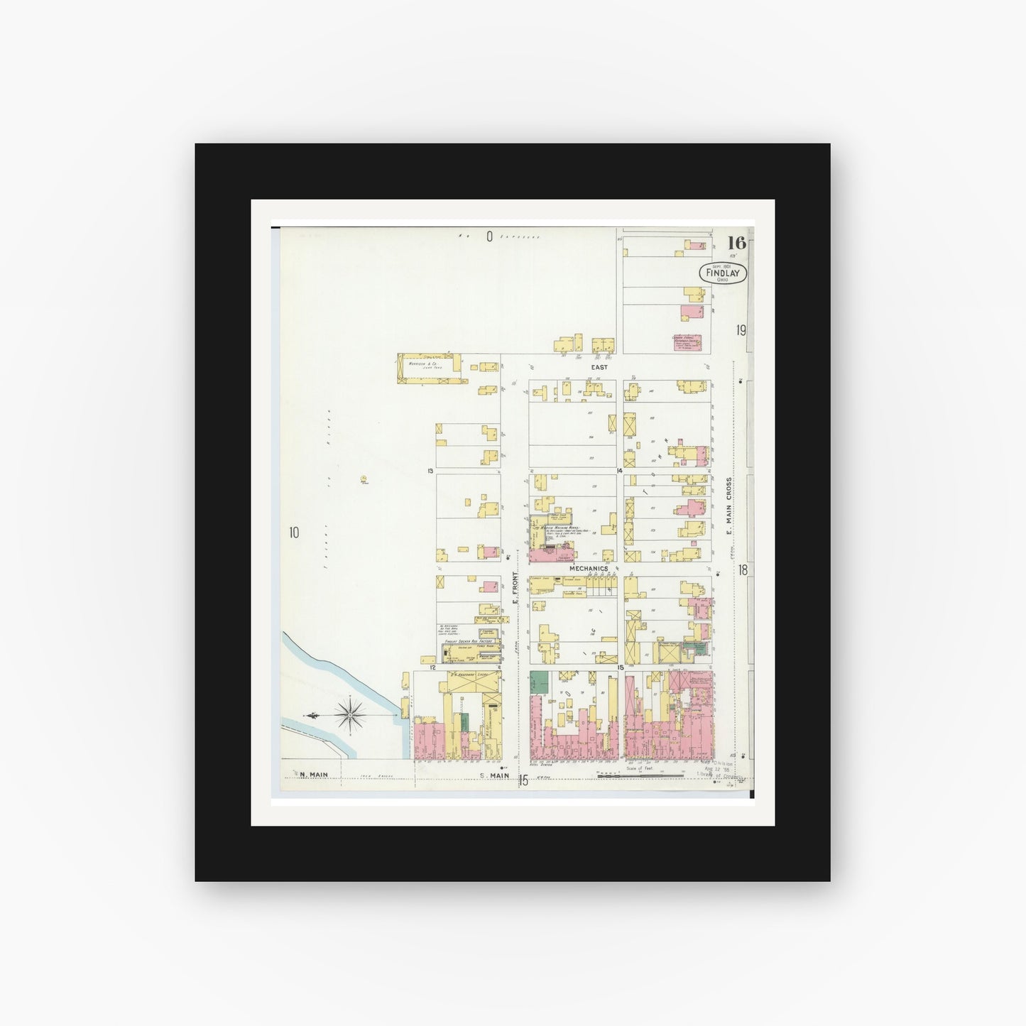 Old map wall art mockup — black gallery frame with white mat — Sanborn Fire Insurance Map from Findlay, Hancock County, Ohio (1901), Sheet #0016