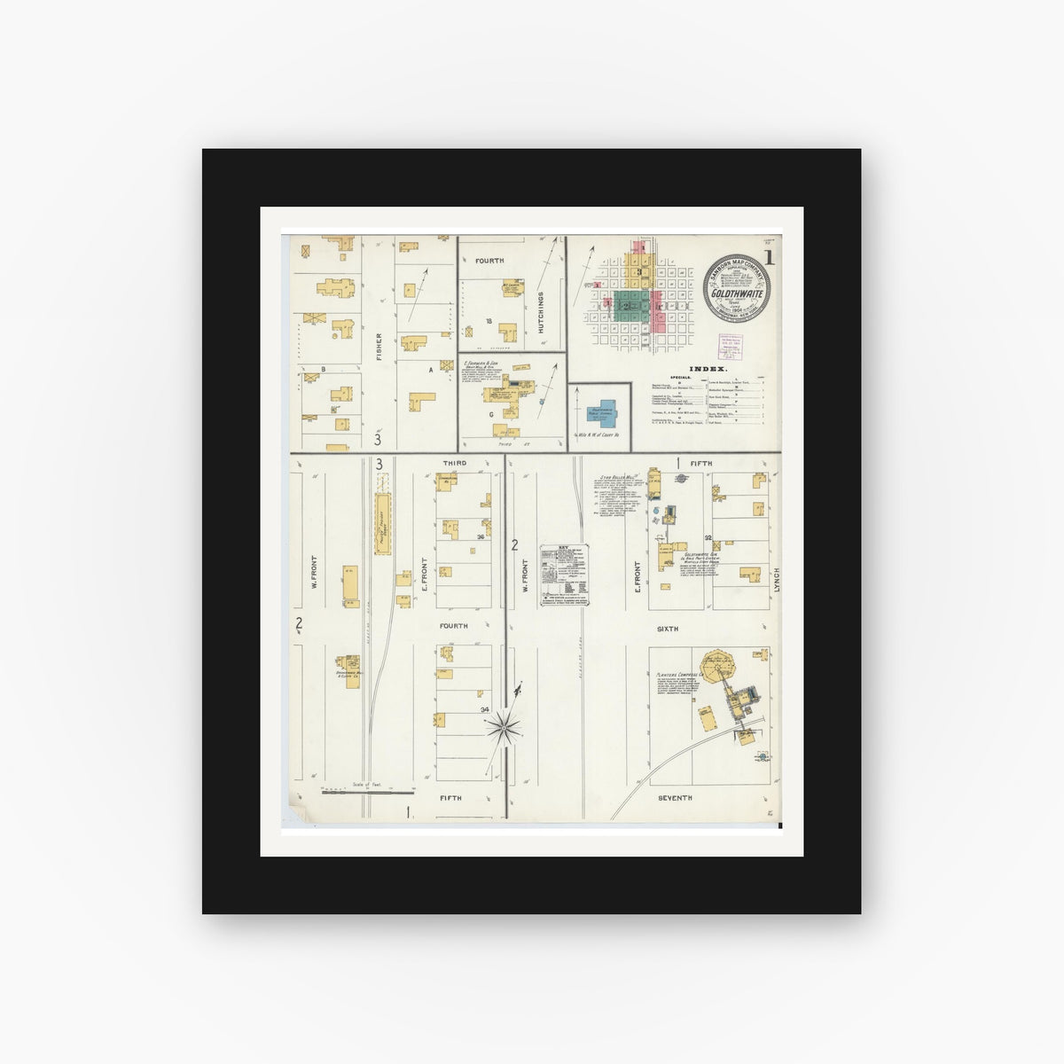 Old map wall art mockup — black gallery frame with white mat — Sanborn Fire Insurance Map from Goldthwaite, Mills County, Texas (1904) - Complete Map Set