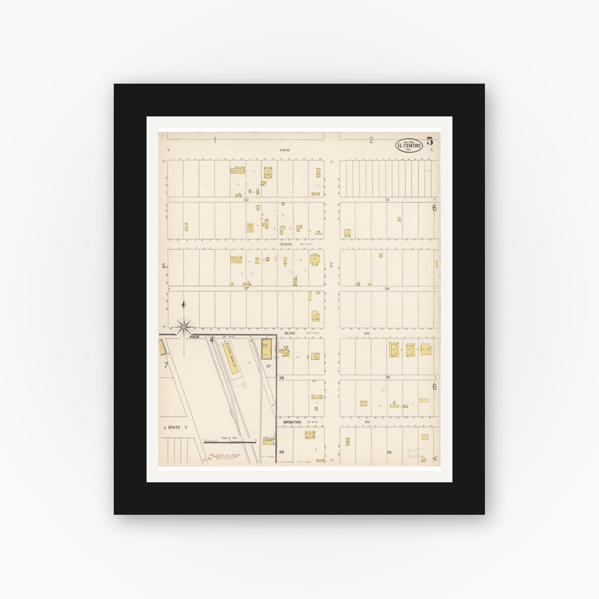 Old map wall art mockup — black gallery frame with white mat — Sanborn Fire Insurance Map from El Centro, Imperial County, California (1910), Sheet #0005