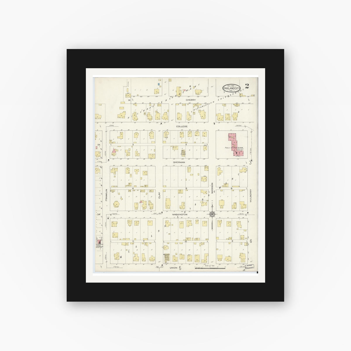 Old map wall art mockup — black gallery frame with white mat — Sanborn Fire Insurance Map from Oakland City, Gibson County, Indiana (1913), Sheet #0002