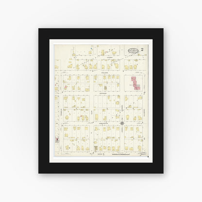 Old map wall art mockup — black gallery frame with white mat — Sanborn Fire Insurance Map from Oakland City, Gibson County, Indiana (1913), Sheet #0002
