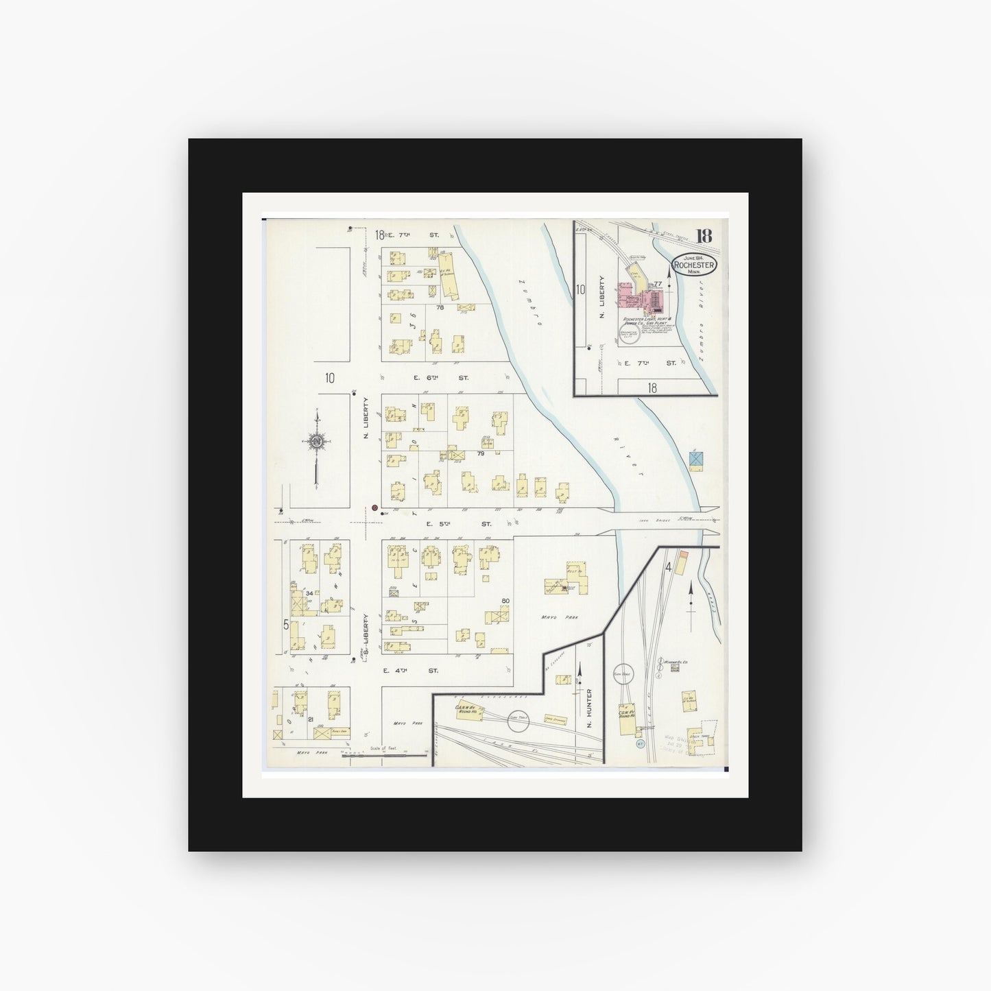 Old map wall art mockup — black gallery frame with white mat — Sanborn Fire Insurance Map from Rochester, Olmsted County, Minnesota (1914), Sheet #0018