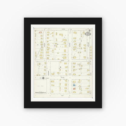Old map wall art mockup — black gallery frame with white mat — Sanborn Fire Insurance Map from Elmwood, Peoria County, Illinois (1918), Sheet #0003