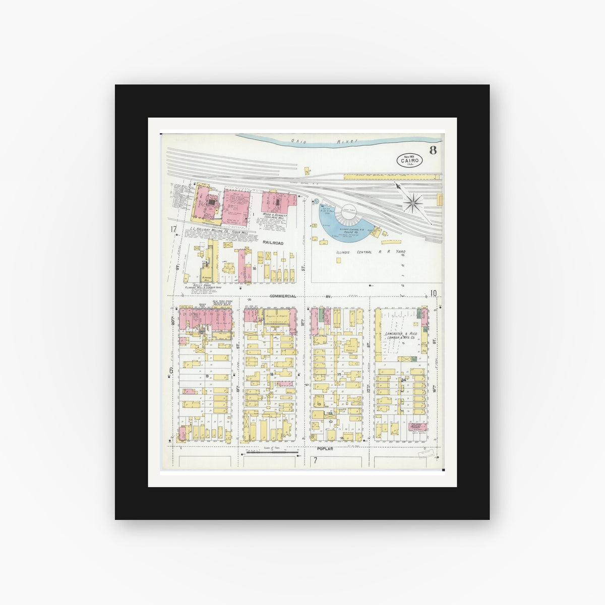 Old map wall art mockup — black gallery frame with white mat — Sanborn Fire Insurance Map from Cairo, Alexander County, Illinois (1901), Sheet #0008