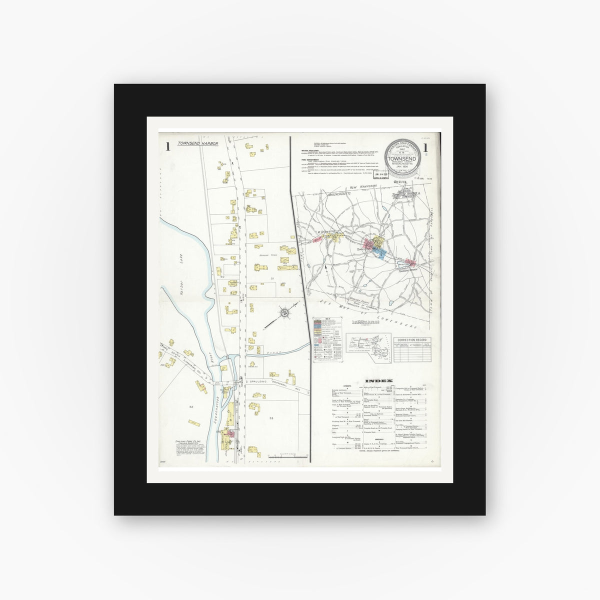 Old map wall art mockup — black gallery frame with white mat — Sanborn Fire Insurance Map from Townsend, Middlesex County, Massachusetts (1936) - Complete Map Set