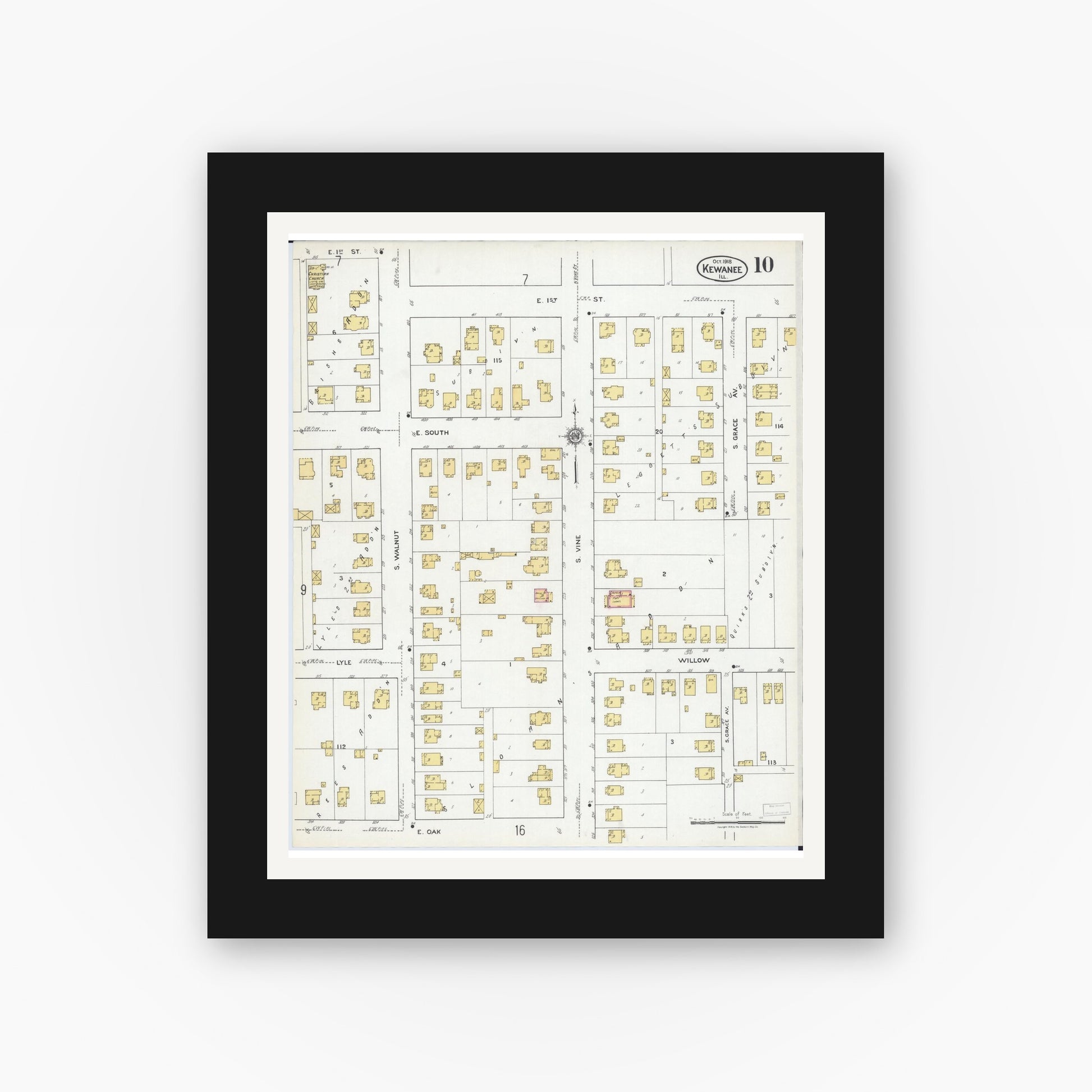 Old map wall art mockup — black gallery frame with white mat — Sanborn Fire Insurance Map from Kewanee, Henry County, Illinois (1918), Sheet #0010