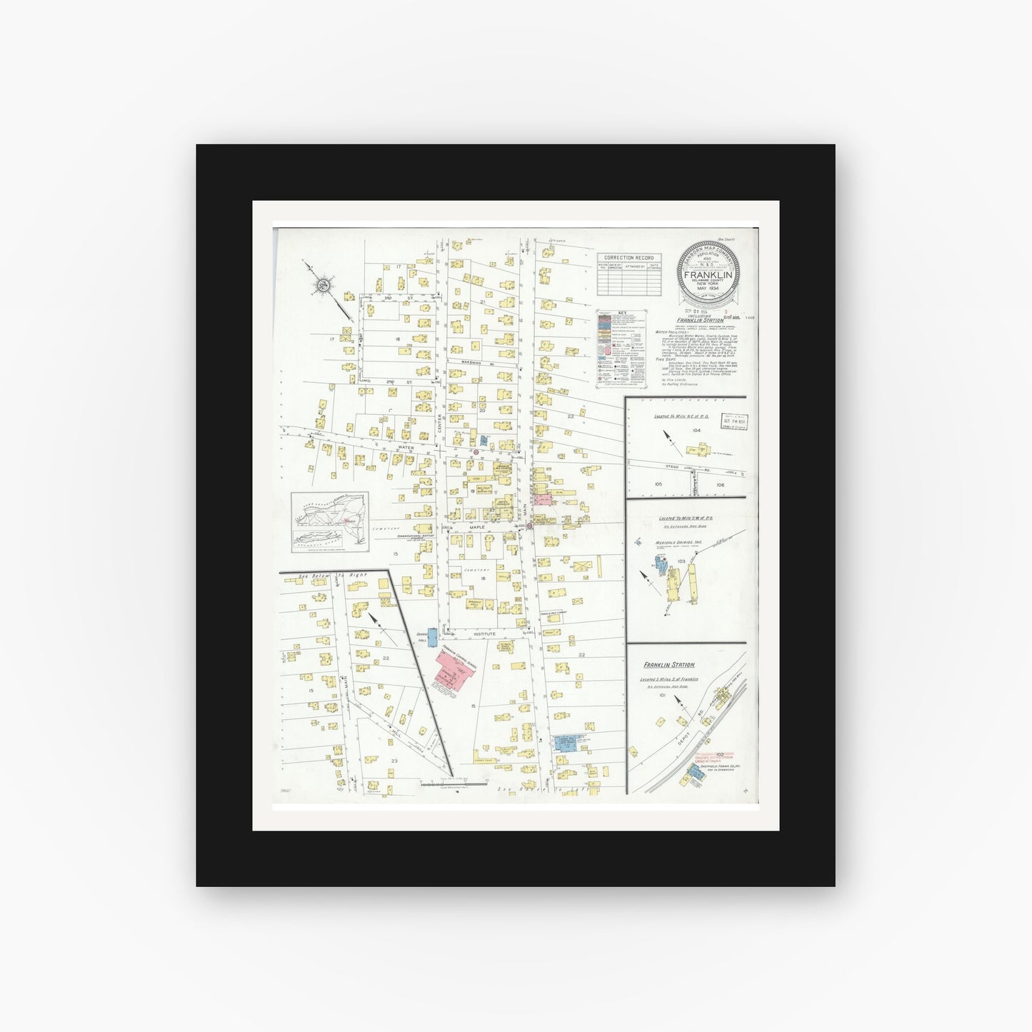 Old map wall art mockup — black gallery frame with white mat — Sanborn Fire Insurance Map from Franklin, Delaware County, New York (1934), Sheet #0001