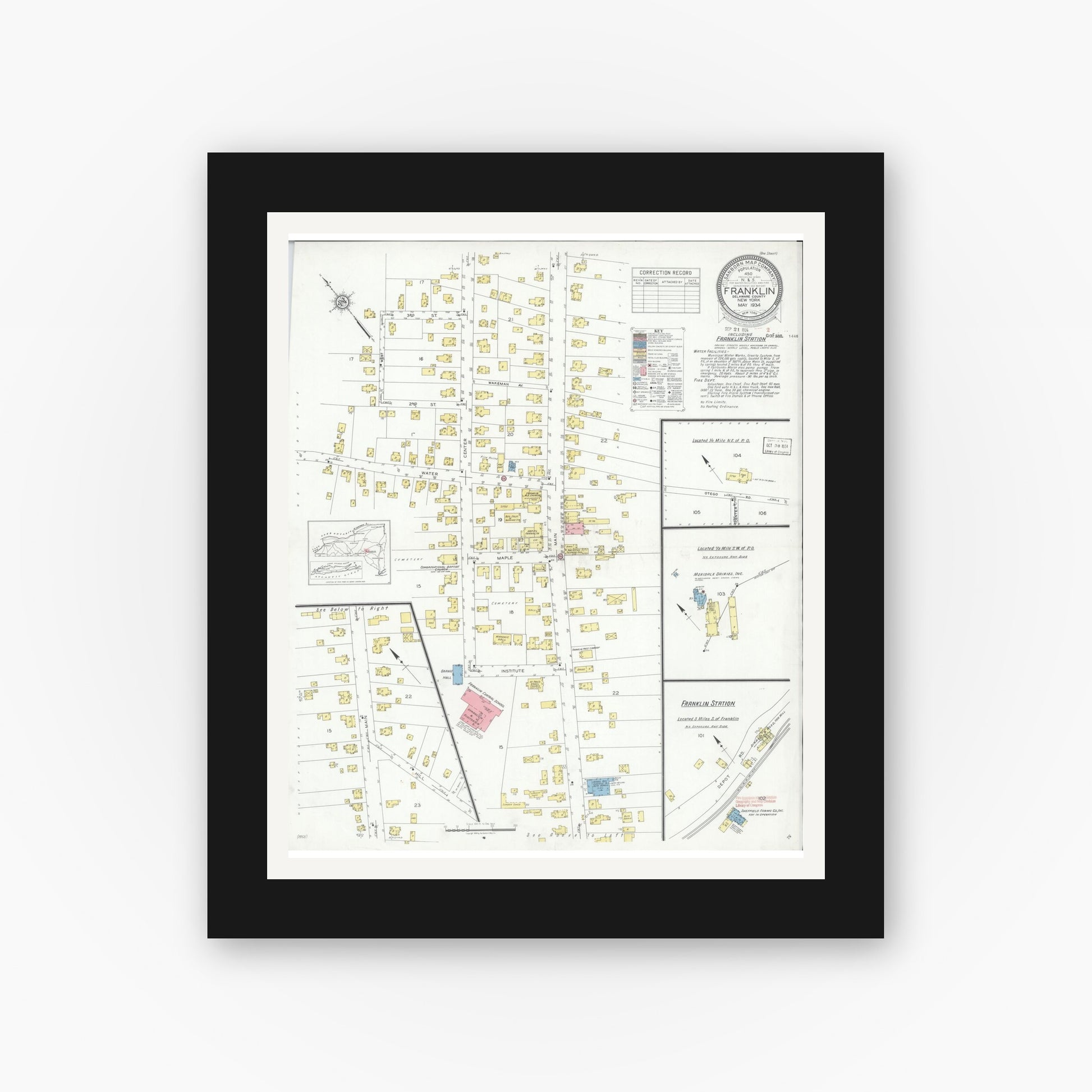 Old map wall art mockup — black gallery frame with white mat — Sanborn Fire Insurance Map from Franklin, Delaware County, New York (1934), Sheet #0001