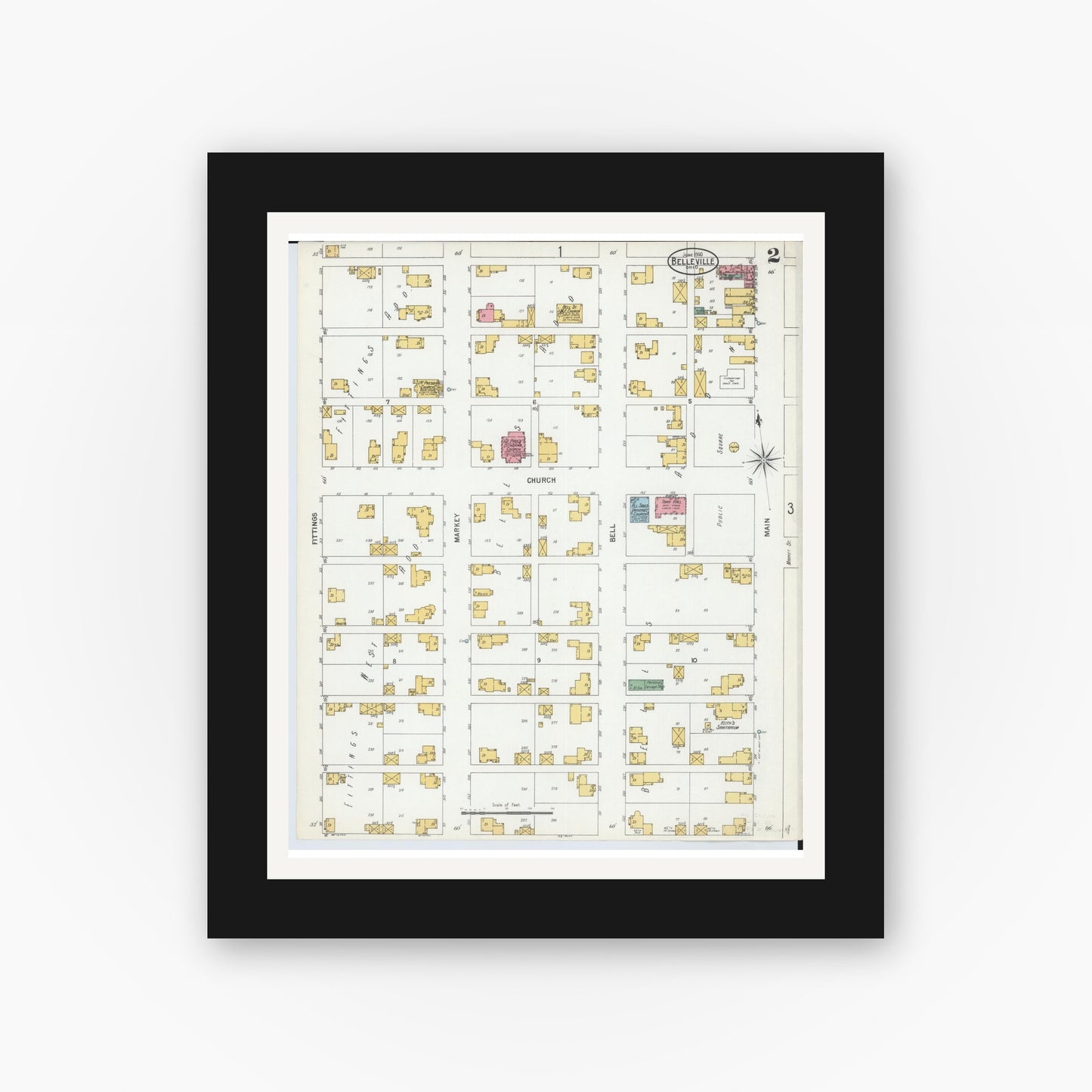 Old map wall art mockup — black gallery frame with white mat — Sanborn Fire Insurance Map from Bellville, Richland County, Ohio (1900), Sheet #0002