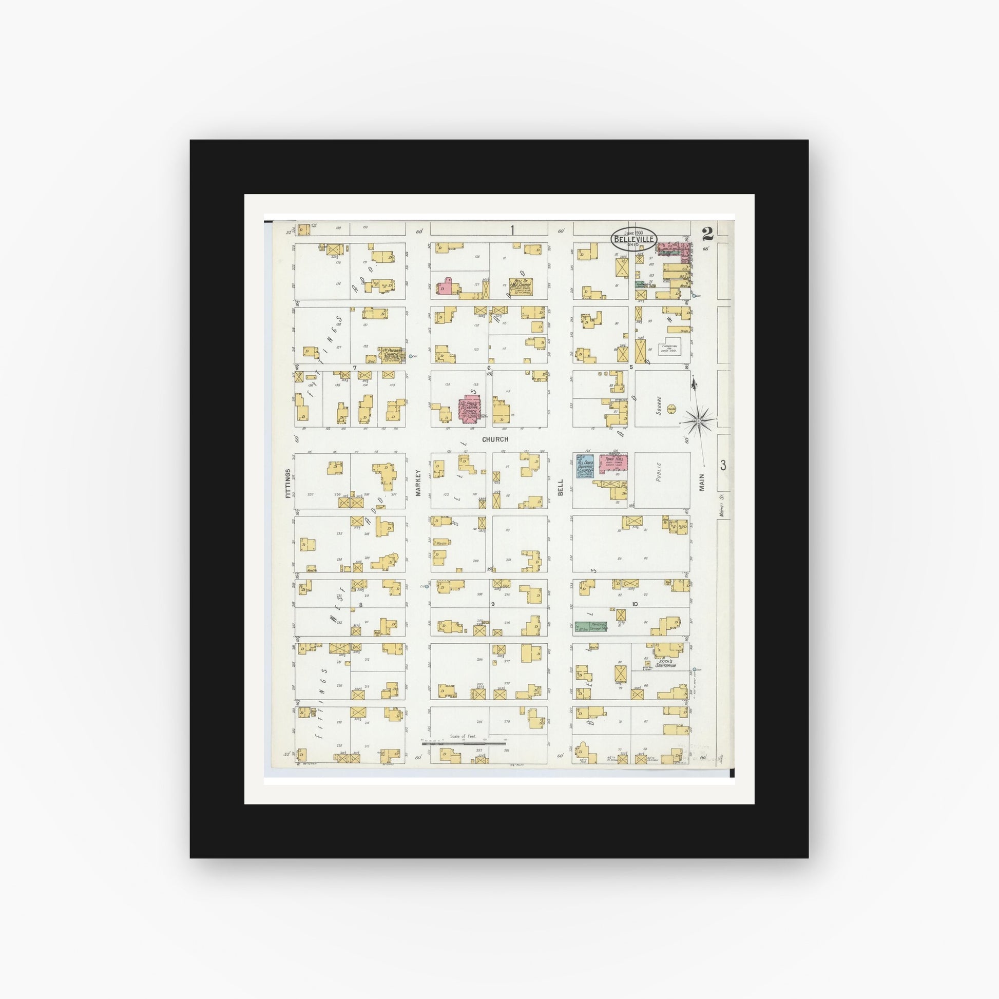 Old map wall art mockup — black gallery frame with white mat — Sanborn Fire Insurance Map from Bellville, Richland County, Ohio (1900), Sheet #0002