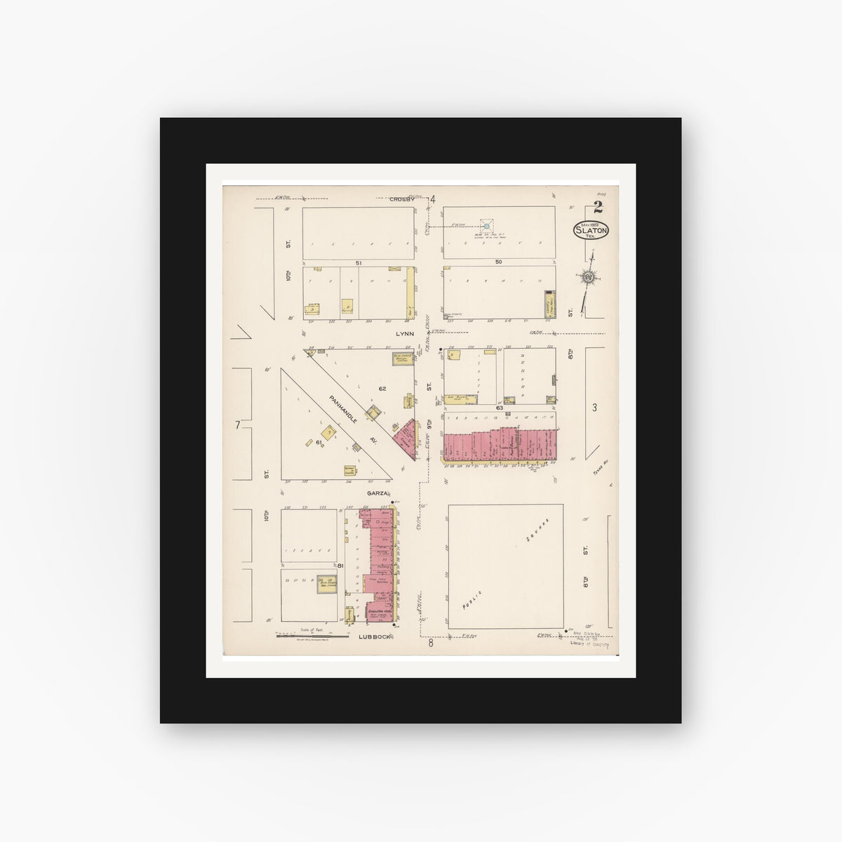 Old map wall art mockup — black gallery frame with white mat — Sanborn Fire Insurance Map from Slaton, Lubbock County, Texas (1922), Sheet #0002