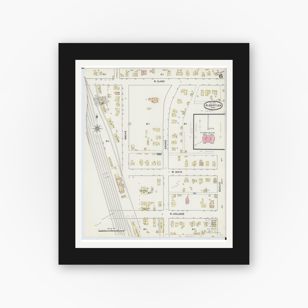 Old map wall art mockup — black gallery frame with white mat — Sanborn Fire Insurance Map from Albert Lea, Freeborn County, Minnesota (1891), Sheet #0006