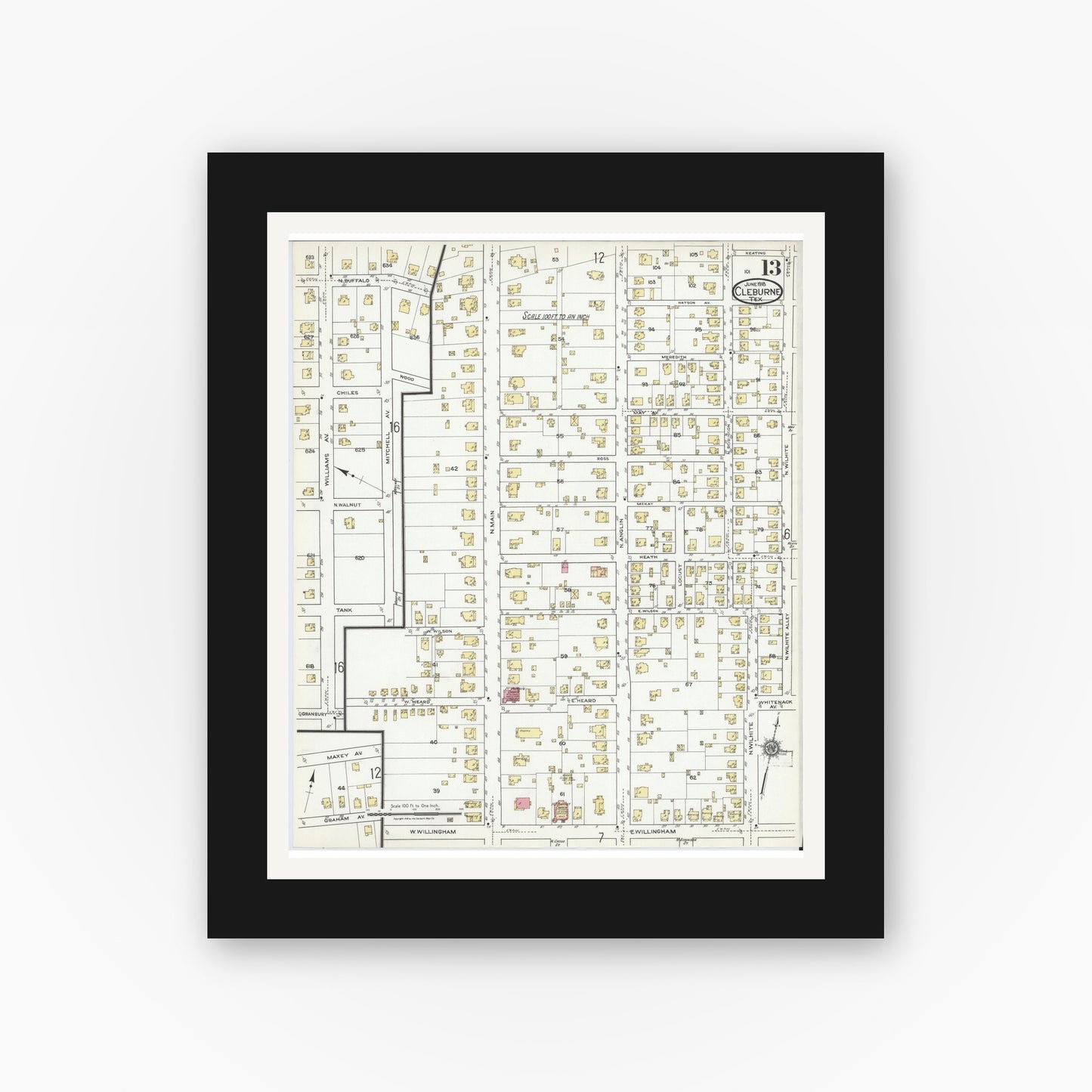 Old map wall art mockup — black gallery frame with white mat — Sanborn Fire Insurance Map from Cleburne, Johnson County, Texas (1918), Sheet #0013