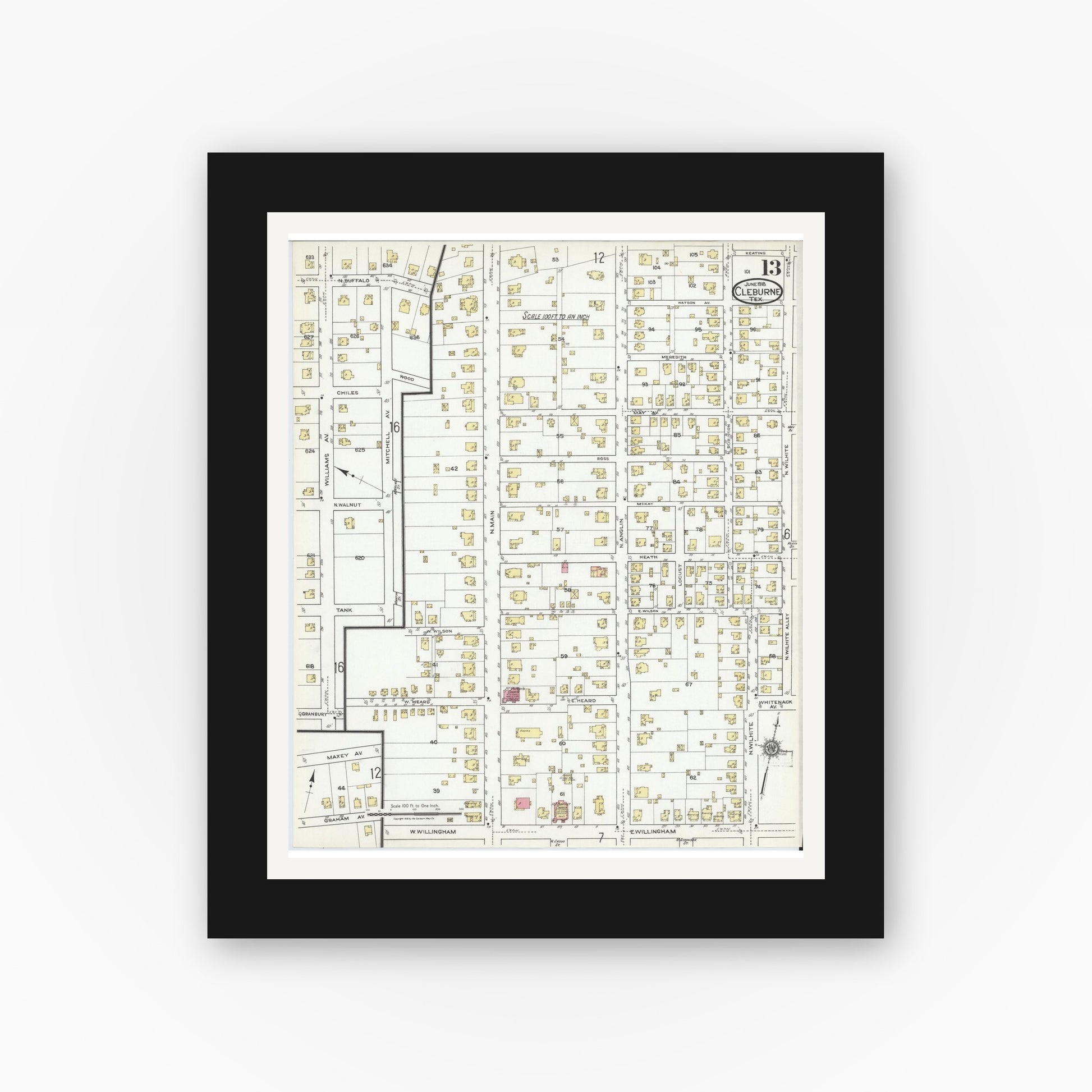Old map wall art mockup — black gallery frame with white mat — Sanborn Fire Insurance Map from Cleburne, Johnson County, Texas (1918), Sheet #0013