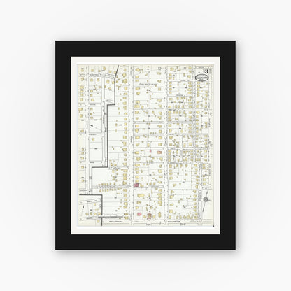 Old map wall art mockup — black gallery frame with white mat — Sanborn Fire Insurance Map from Cleburne, Johnson County, Texas (1918), Sheet #0013