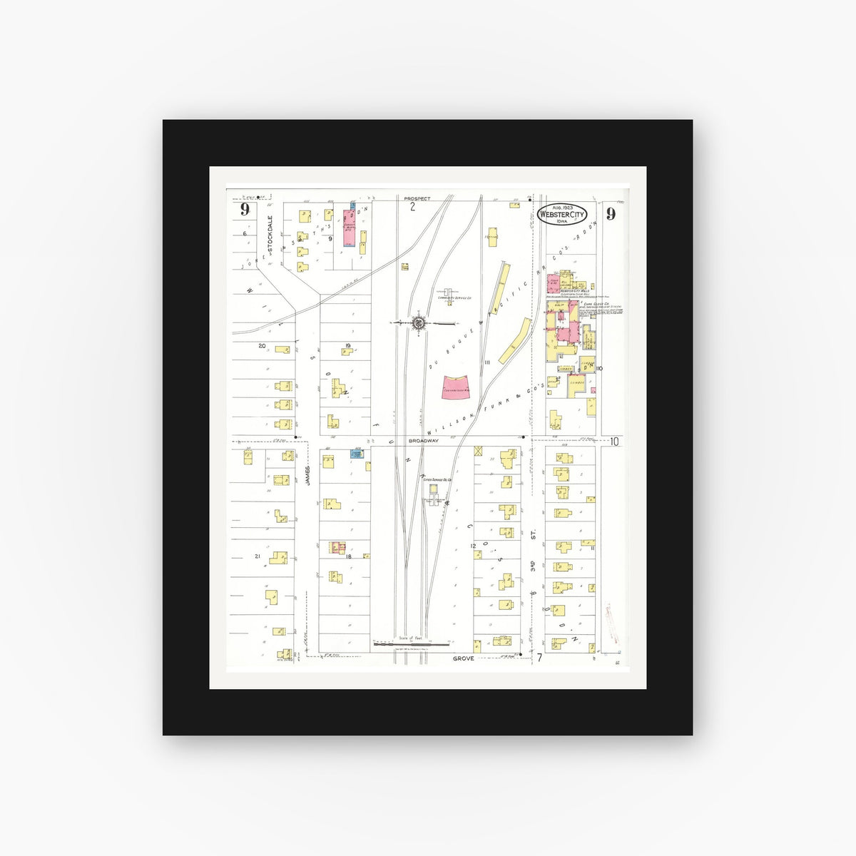 Old map wall art mockup — black gallery frame with white mat — Sanborn Fire Insurance Map from Webster City, Hamilton County, Iowa (1923), Sheet #0009
