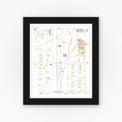 Old map wall art mockup — black gallery frame with white mat — Sanborn Fire Insurance Map from Webster City, Hamilton County, Iowa (1923), Sheet #0009