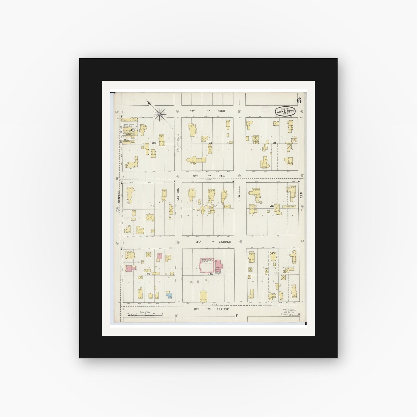Old map wall art mockup — black gallery frame with white mat — Sanborn Fire Insurance Map from Lake City, Wabasha County, Minnesota (1894), Sheet #0006