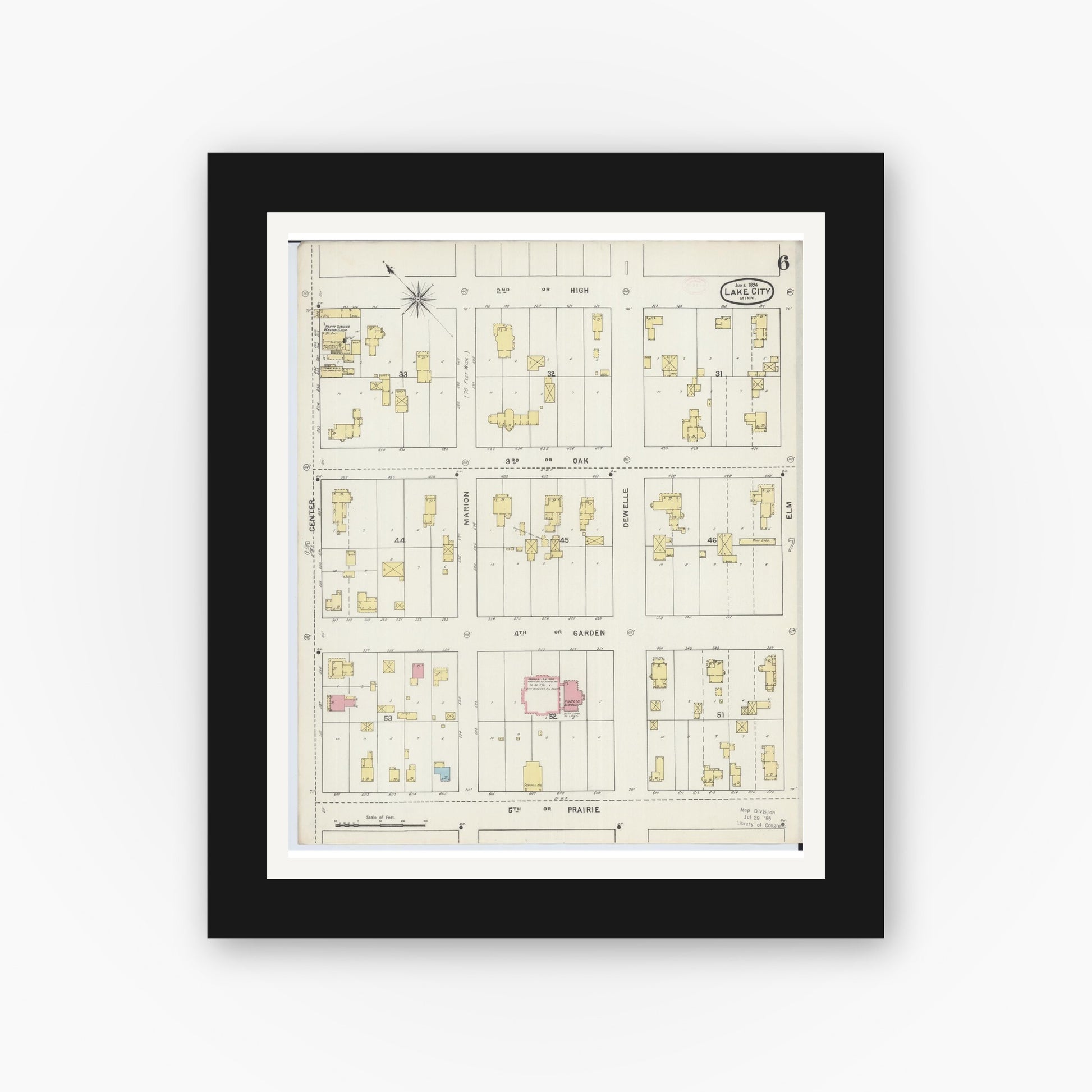 Old map wall art mockup — black gallery frame with white mat — Sanborn Fire Insurance Map from Lake City, Wabasha County, Minnesota (1894), Sheet #0006
