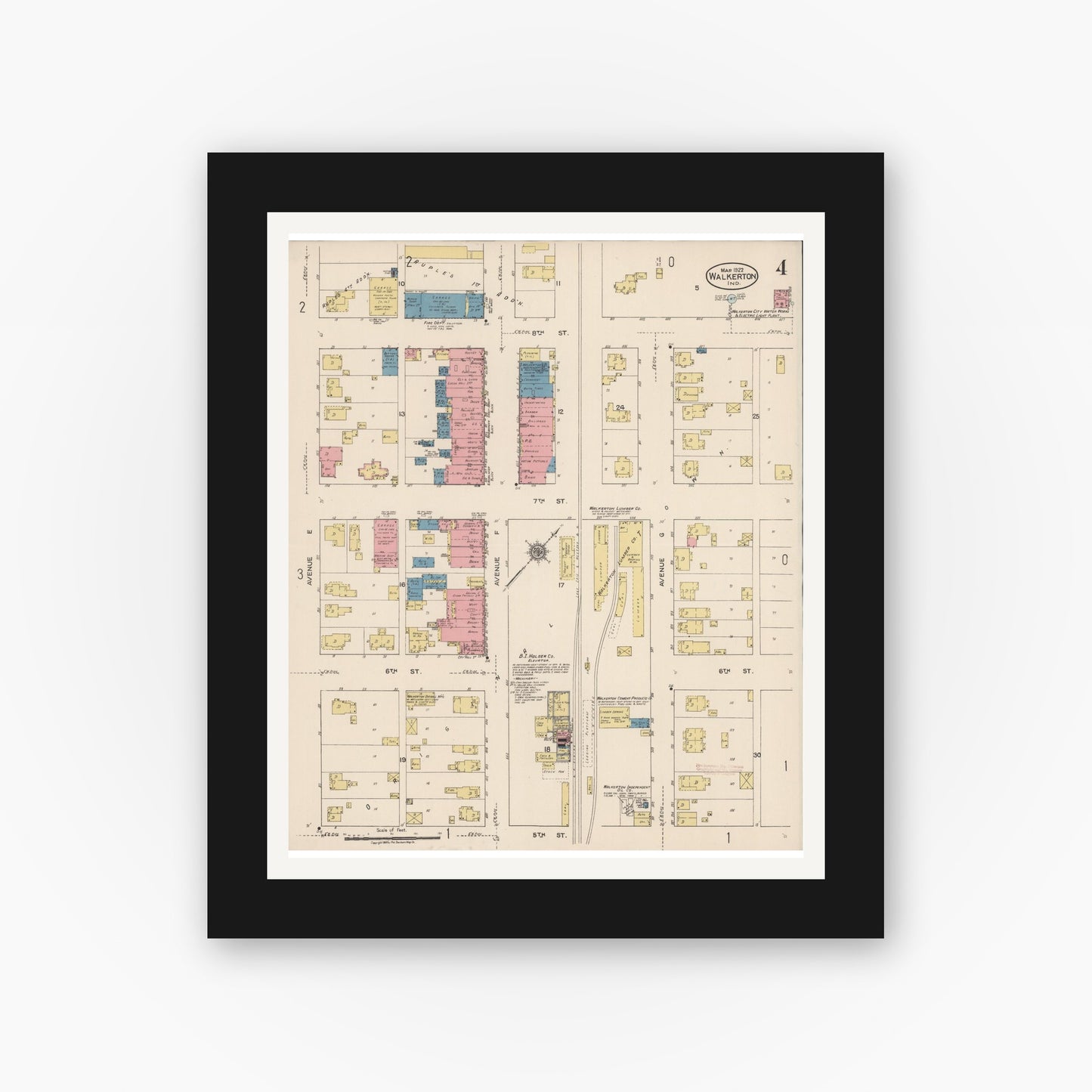 Old map wall art mockup — black gallery frame with white mat — Sanborn Fire Insurance Map from Walkerton, Saint Joseph County, Indiana (1922), Sheet #0004