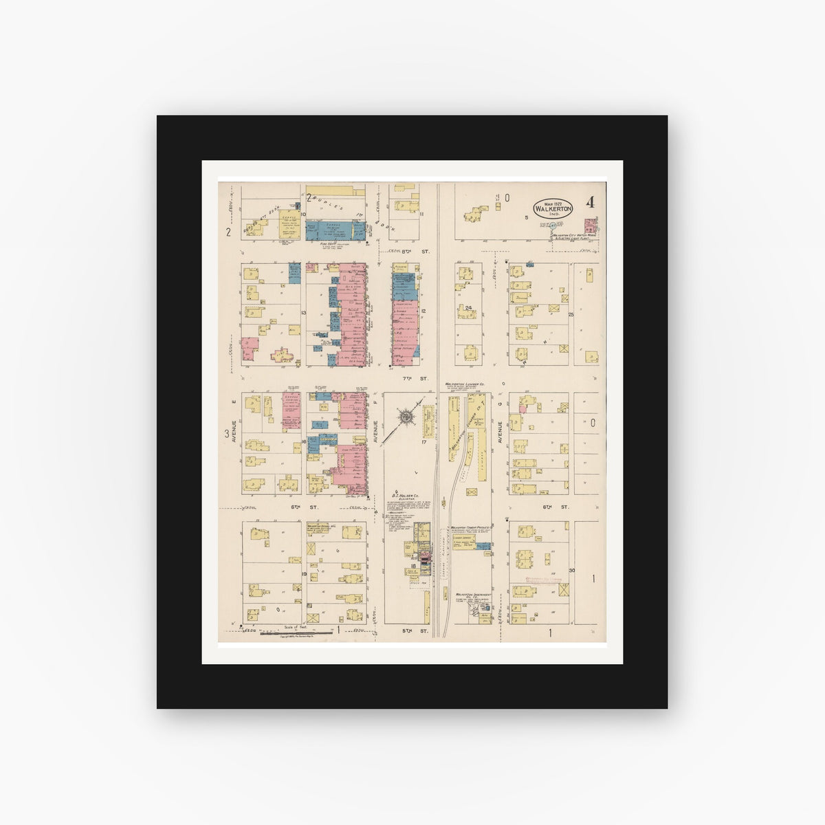 Old map wall art mockup — black gallery frame with white mat — Sanborn Fire Insurance Map from Walkerton, Saint Joseph County, Indiana (1922), Sheet #0004
