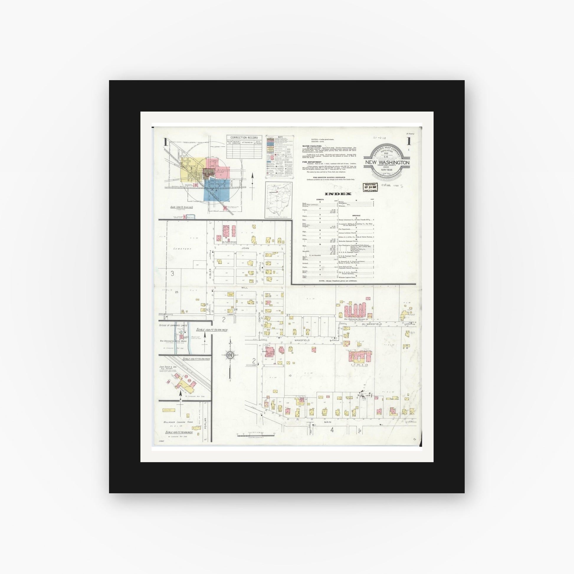 Old map wall art mockup — black gallery frame with white mat — Sanborn Fire Insurance Map from New Washington, Crawford County, Ohio (1938), Sheet #0001