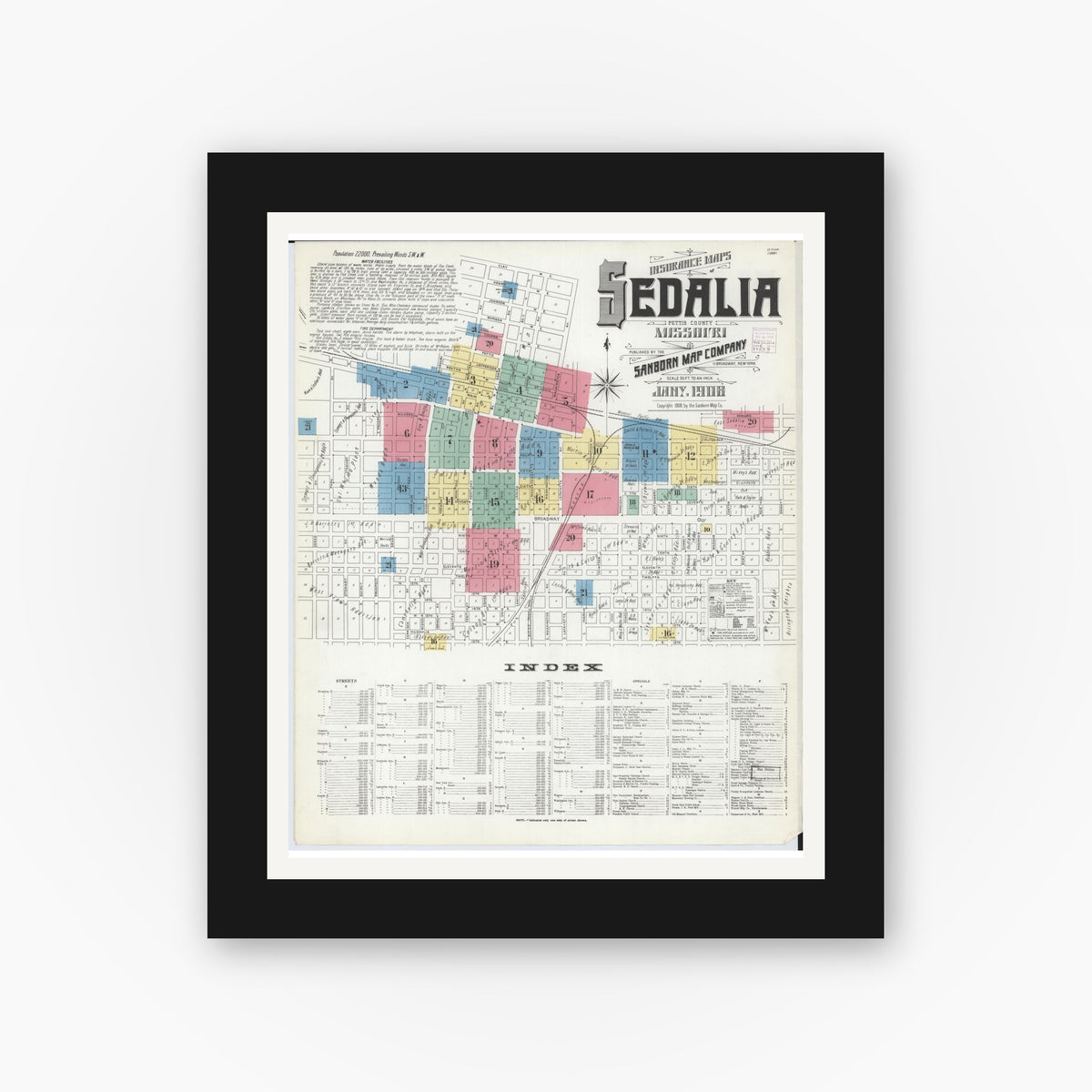 Old map wall art mockup — black gallery frame with white mat — Sanborn Fire Insurance Map from Sedalia, Pettis County, Missouri (1908) - Complete Map Set