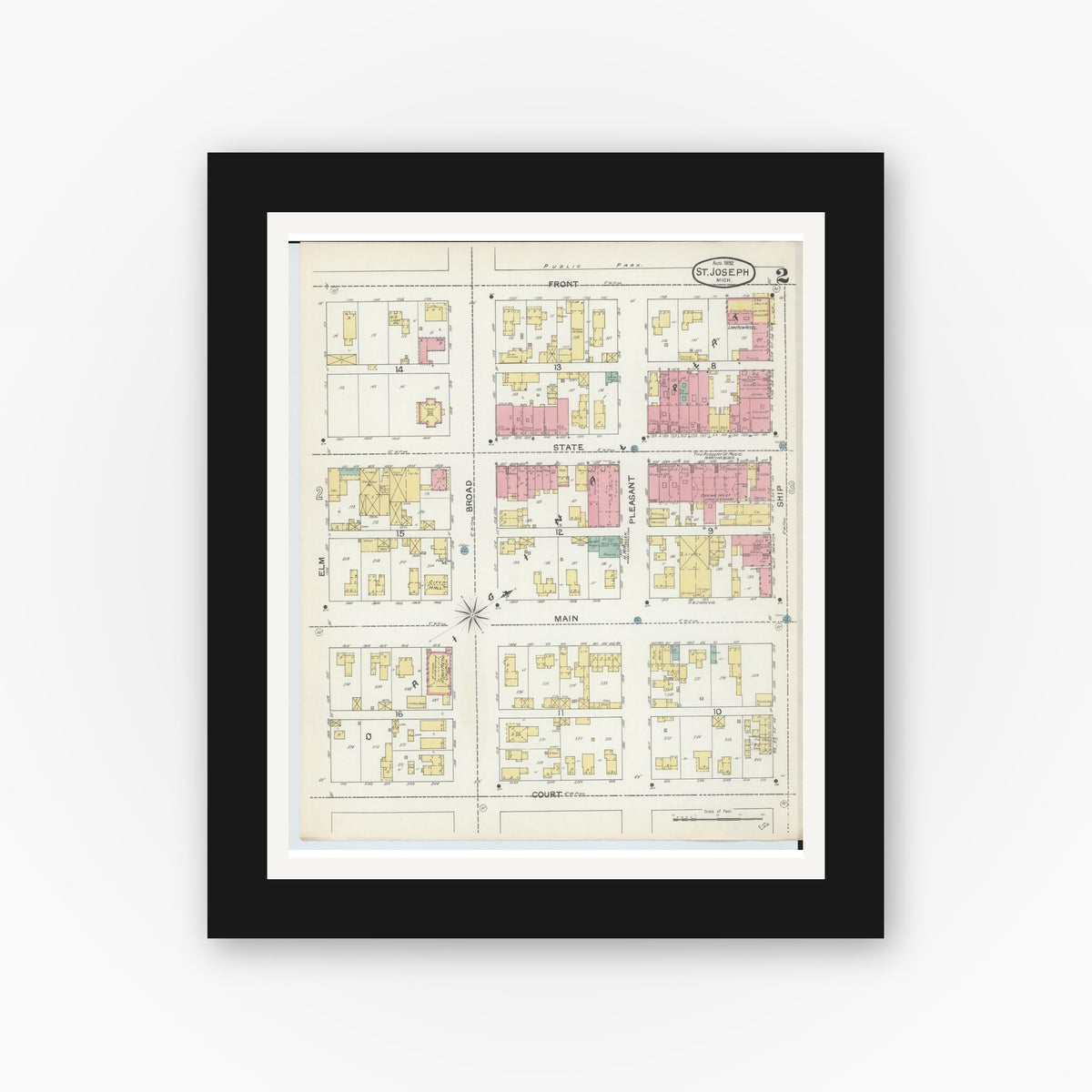Old map wall art mockup — black gallery frame with white mat — Sanborn Fire Insurance Map from Saint Joseph, Berrien County, Michigan (1892), Sheet #0002