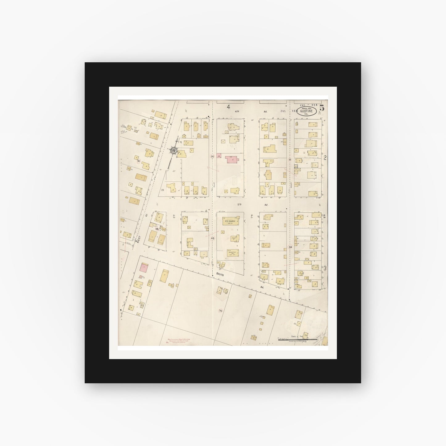 Old map wall art mockup — black gallery frame with white mat — Sanborn Fire Insurance Map from Gustine, Merced County, California (1920), Sheet #0005