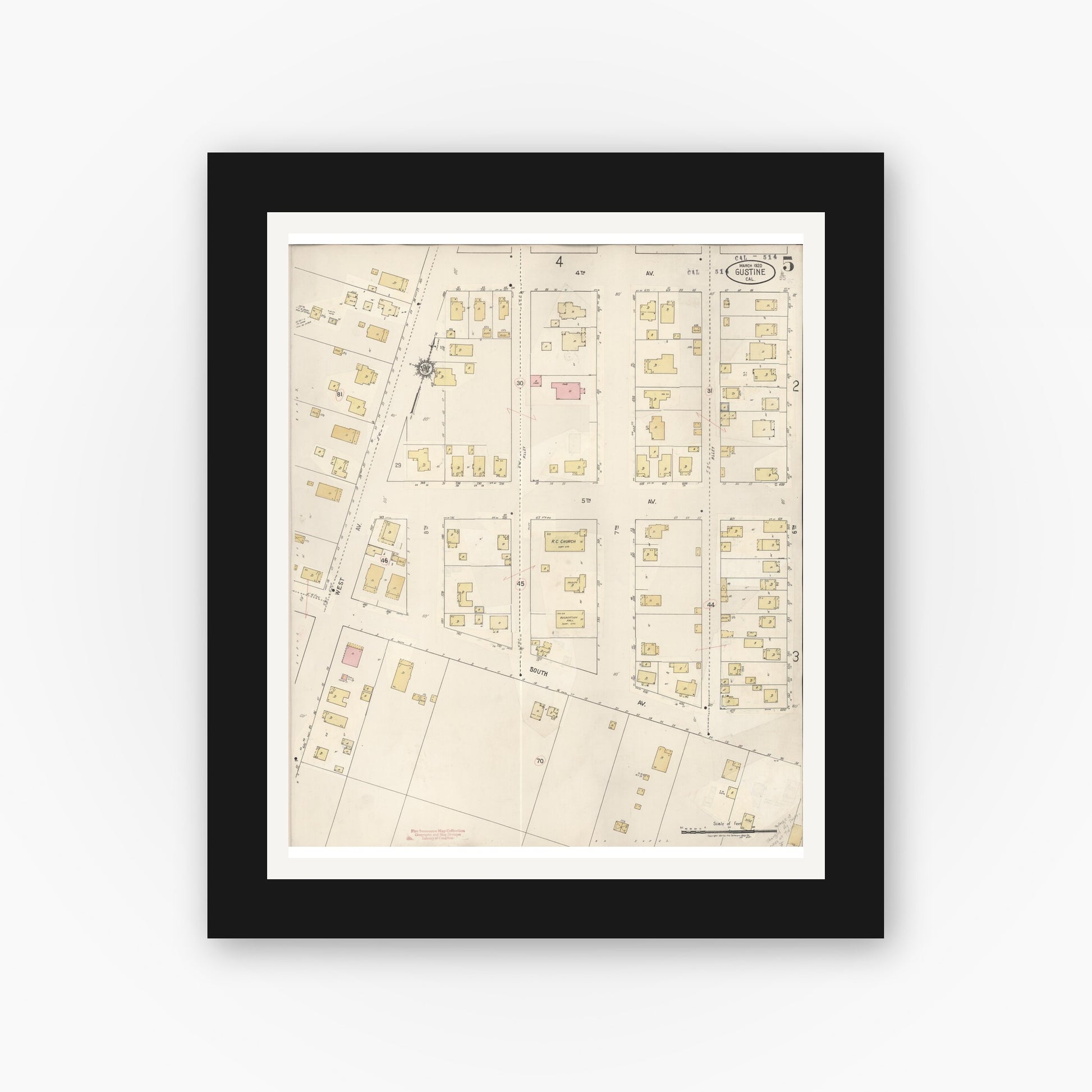 Old map wall art mockup — black gallery frame with white mat — Sanborn Fire Insurance Map from Gustine, Merced County, California (1920), Sheet #0005