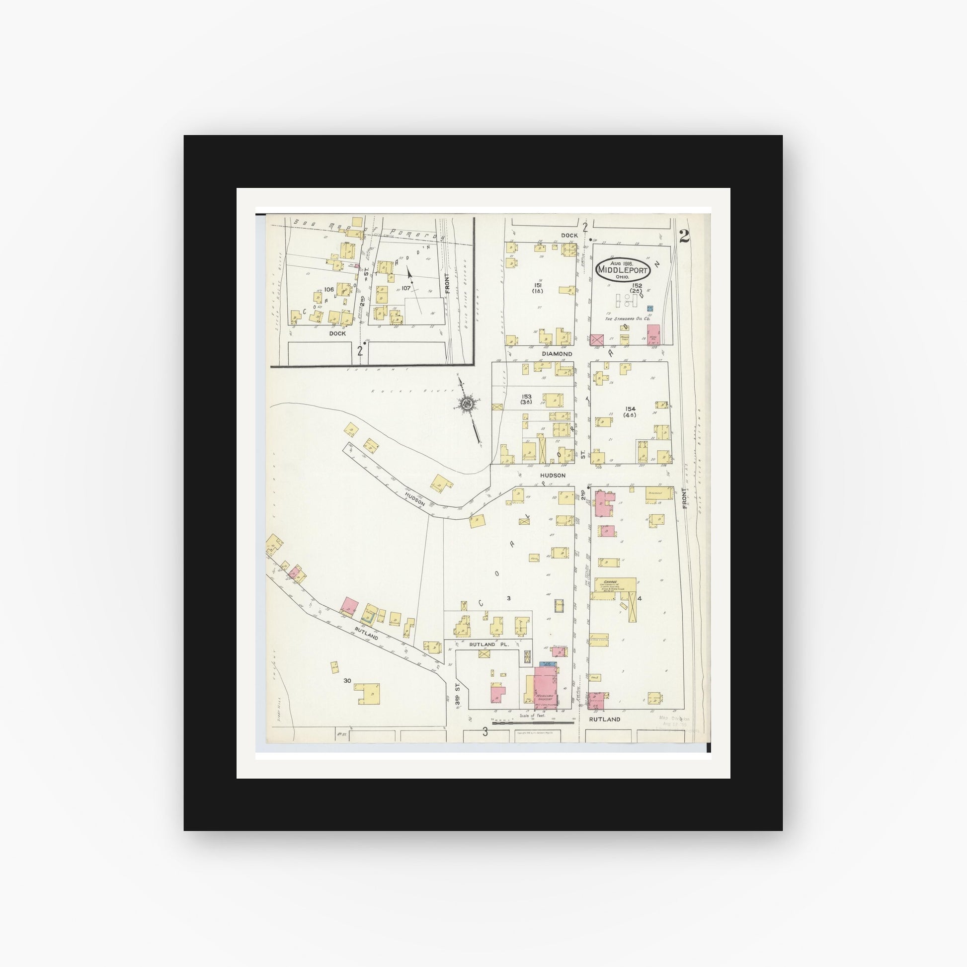 Old map wall art mockup — black gallery frame with white mat — Sanborn Fire Insurance Map from Middleport, Meigs County, Ohio (1916), Sheet #0002