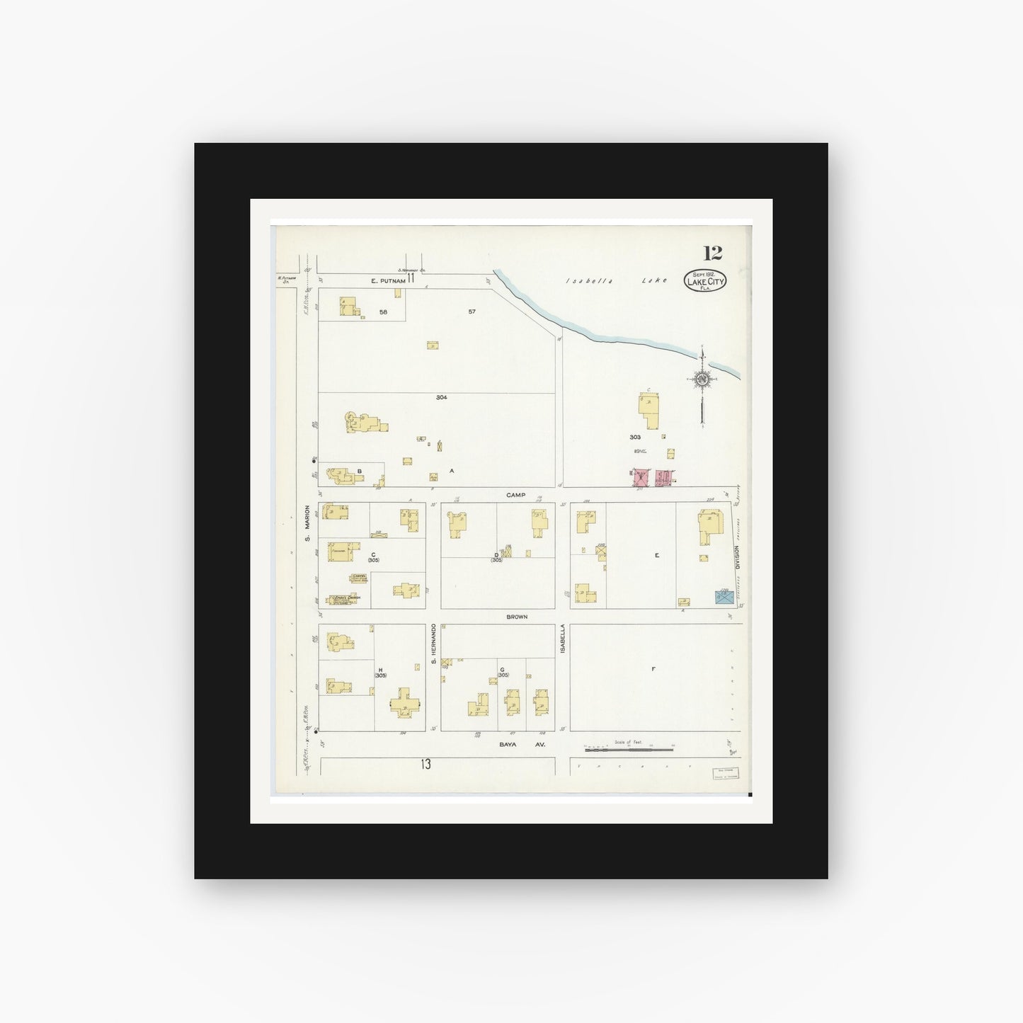 Old map wall art mockup — black gallery frame with white mat — Sanborn Fire Insurance Map from Lake City, Columbia County, Florida (1912), Sheet #0012