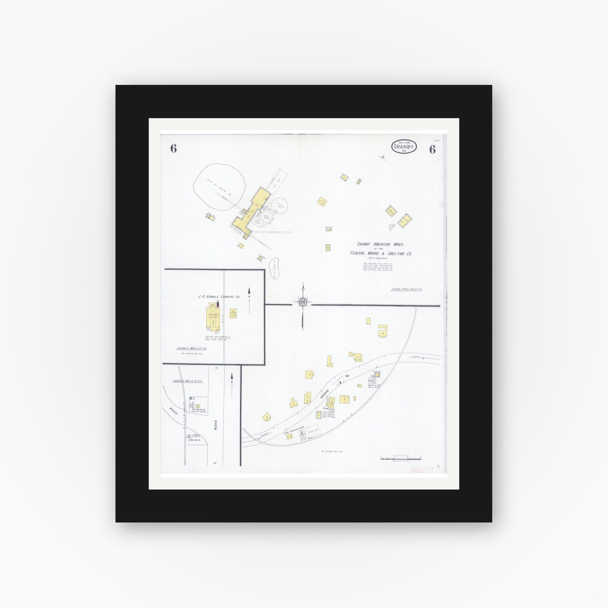 Old map wall art mockup — black gallery frame with white mat — Sanborn Fire Insurance Map from Granby, Newton County, Missouri (1930), Sheet #0006